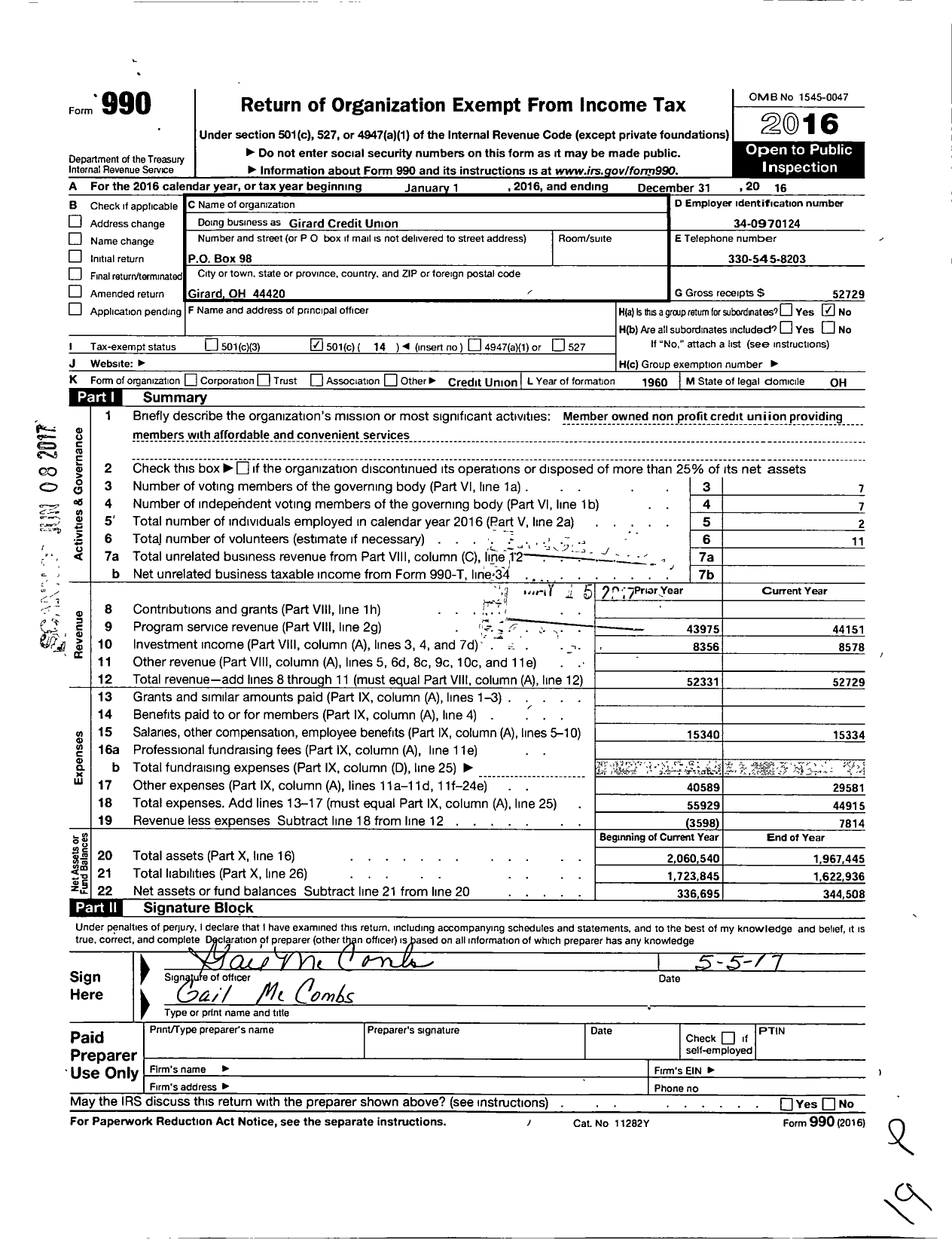 Image of first page of 2016 Form 990O for 953 Girard Credit Union