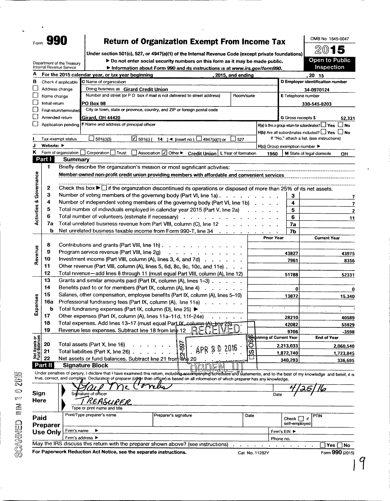 Image of first page of 2015 Form 990O for 953 Girard Credit Union