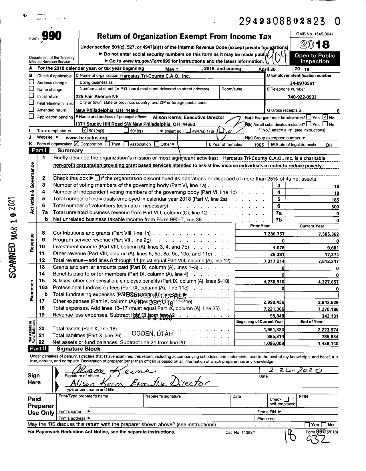 Image of first page of 2018 Form 990 for Harcatus Tri-County Cao