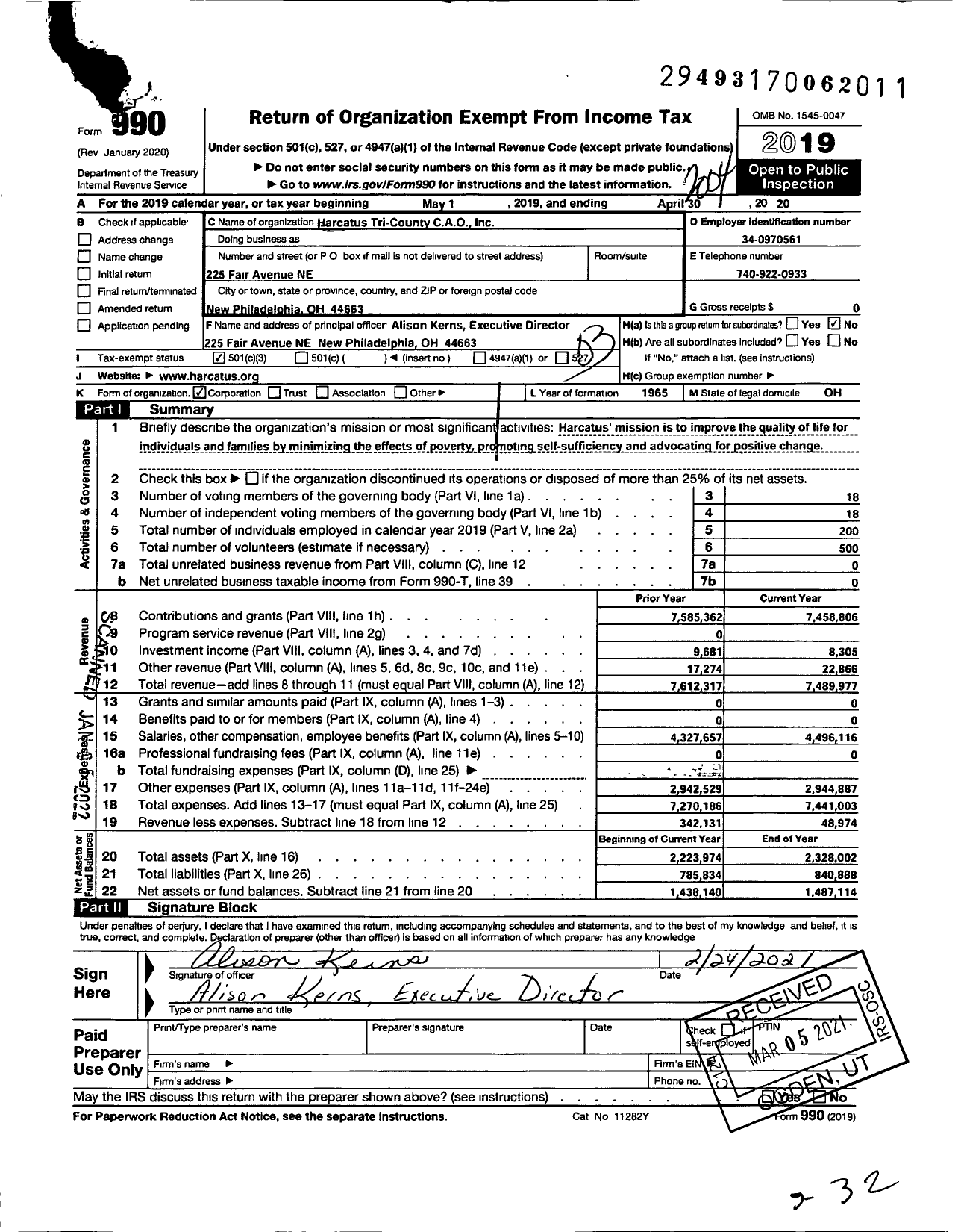 Image of first page of 2019 Form 990 for Harcatus Tri-County Cao