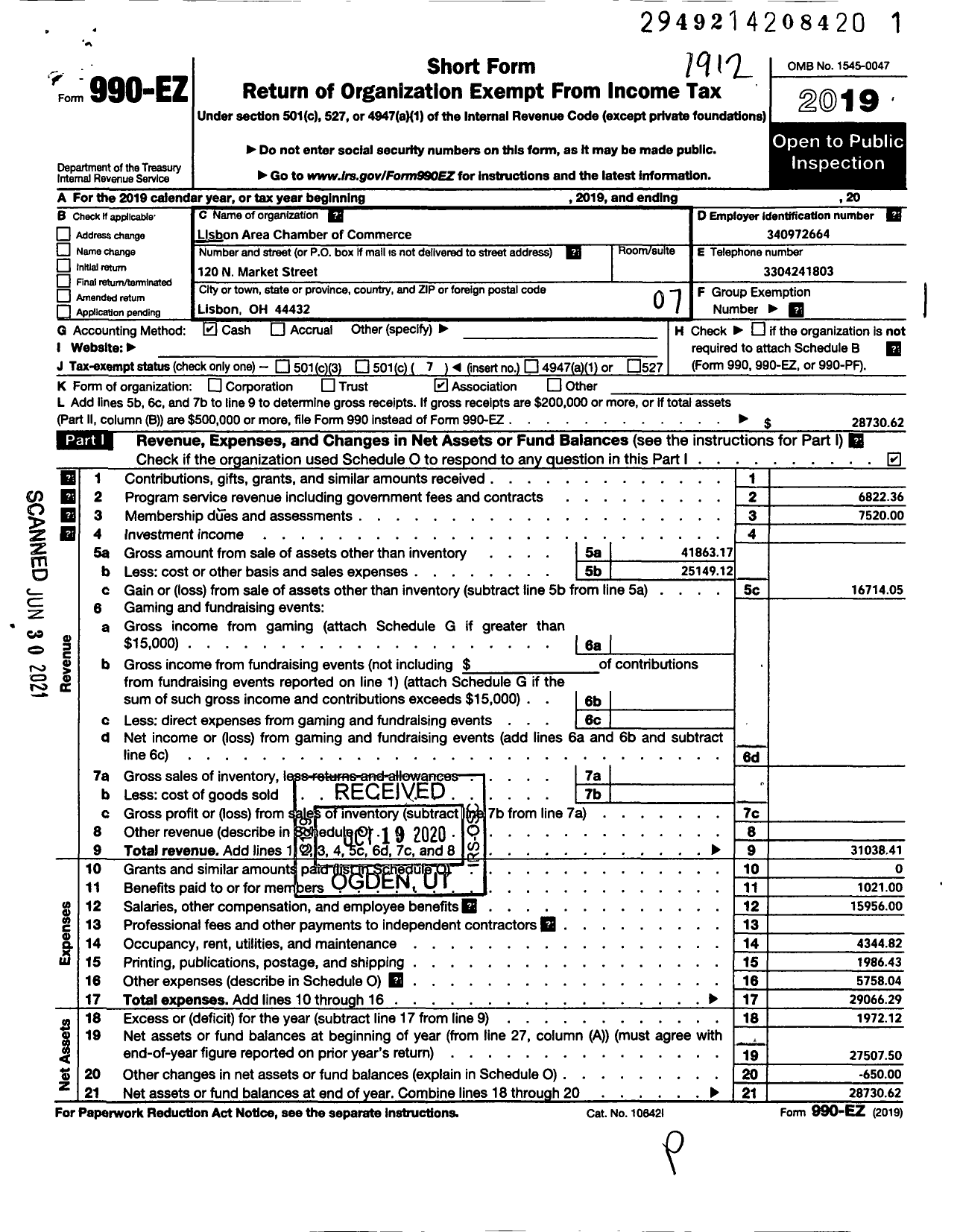 Image of first page of 2019 Form 990EO for Lisbon Area Chamber of Commerce