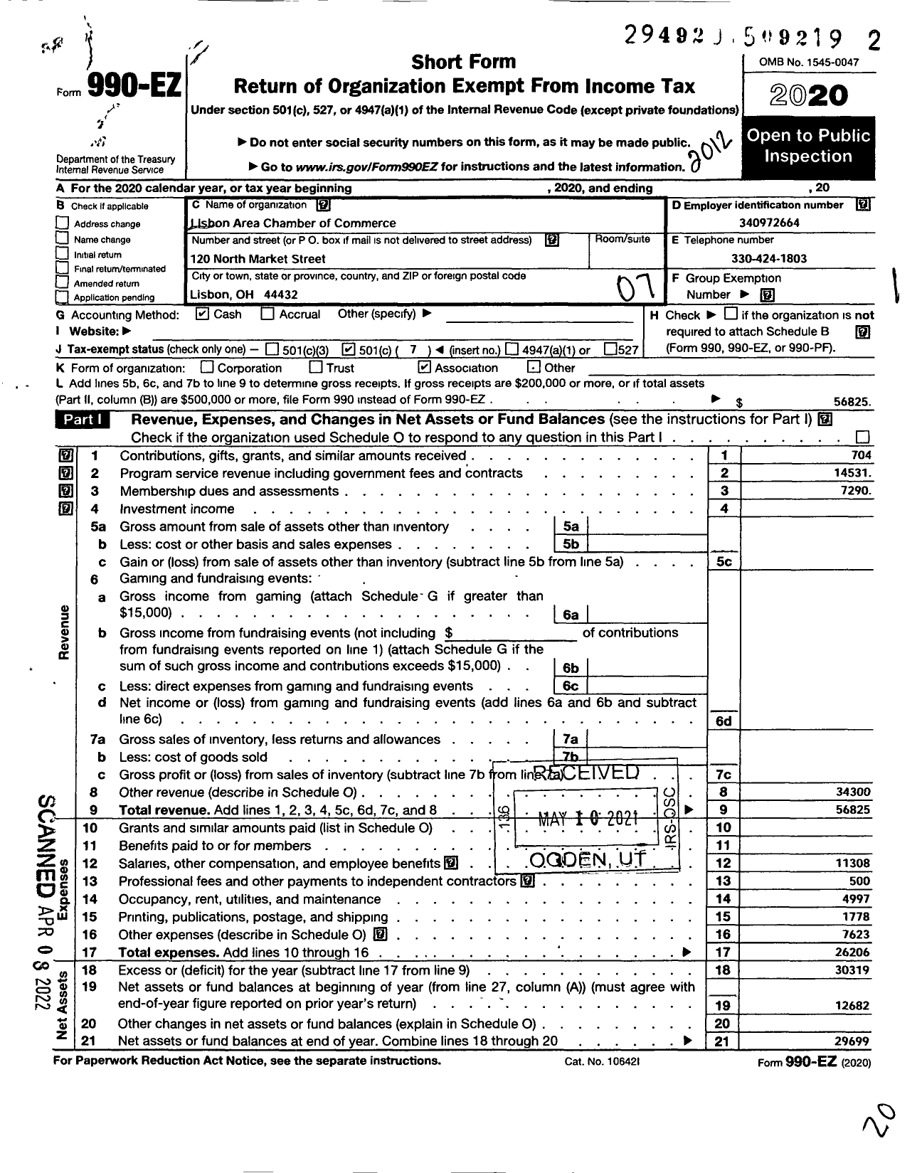 Image of first page of 2020 Form 990EO for Lisbon Area Chamber of Commerce