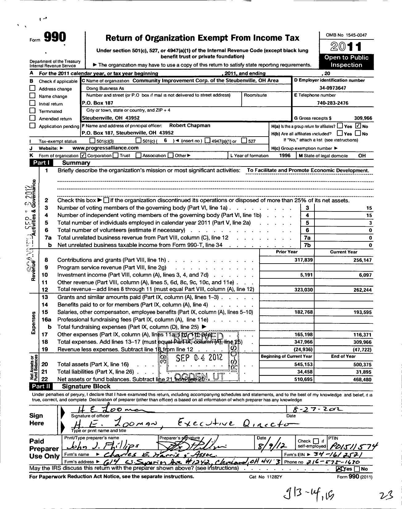 Image of first page of 2011 Form 990O for Community Improvement Corp of the Steubenville Oh Area