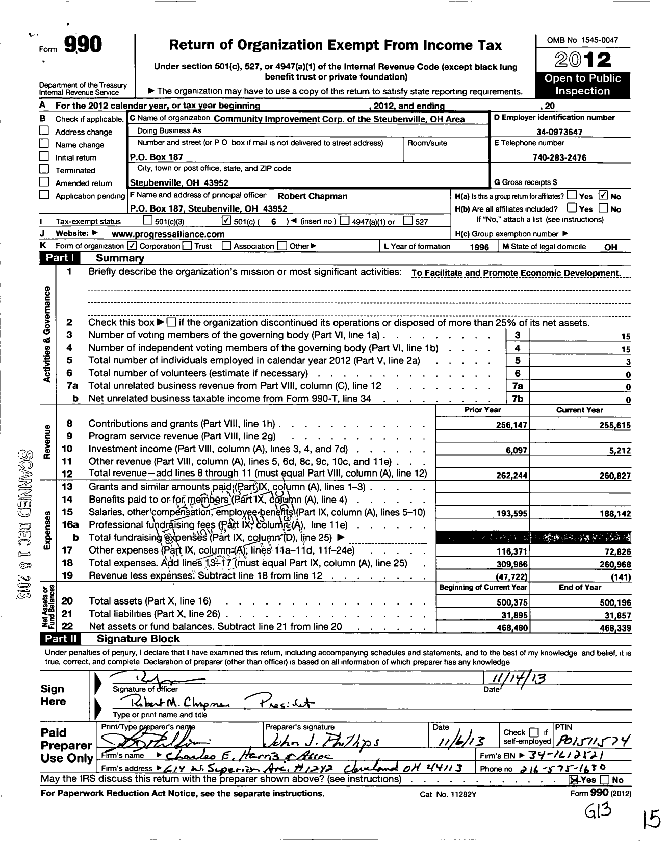 Image of first page of 2012 Form 990O for Community Improvement Corp of the Steubenville Oh Area