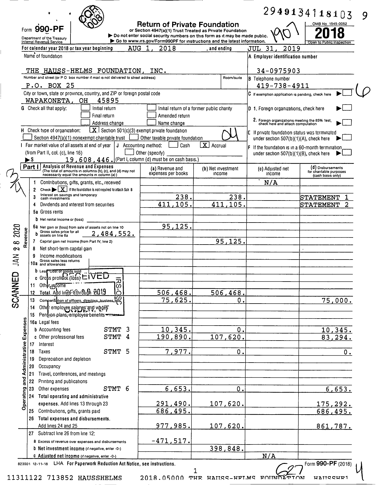 Image of first page of 2018 Form 990PF for The Hauss-Helms Foundation