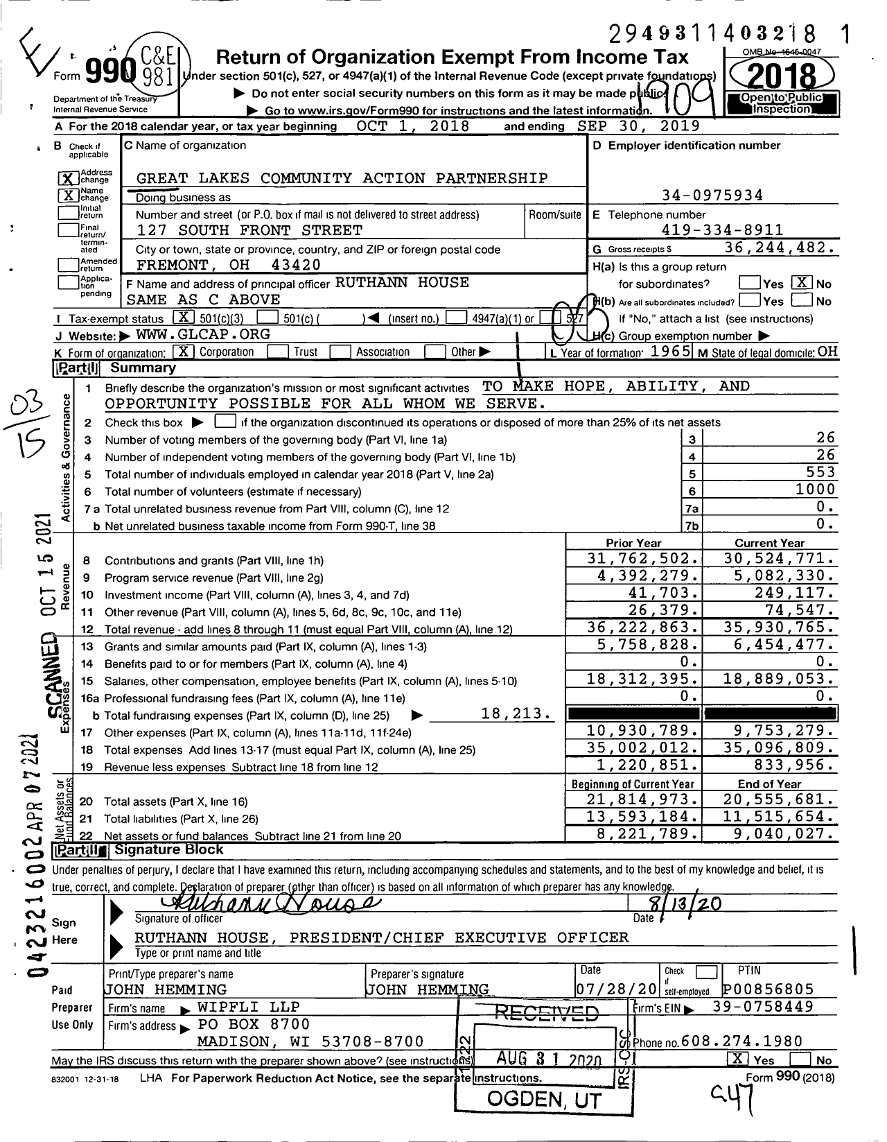 Image of first page of 2018 Form 990 for Great Lakes Community Action Partnership