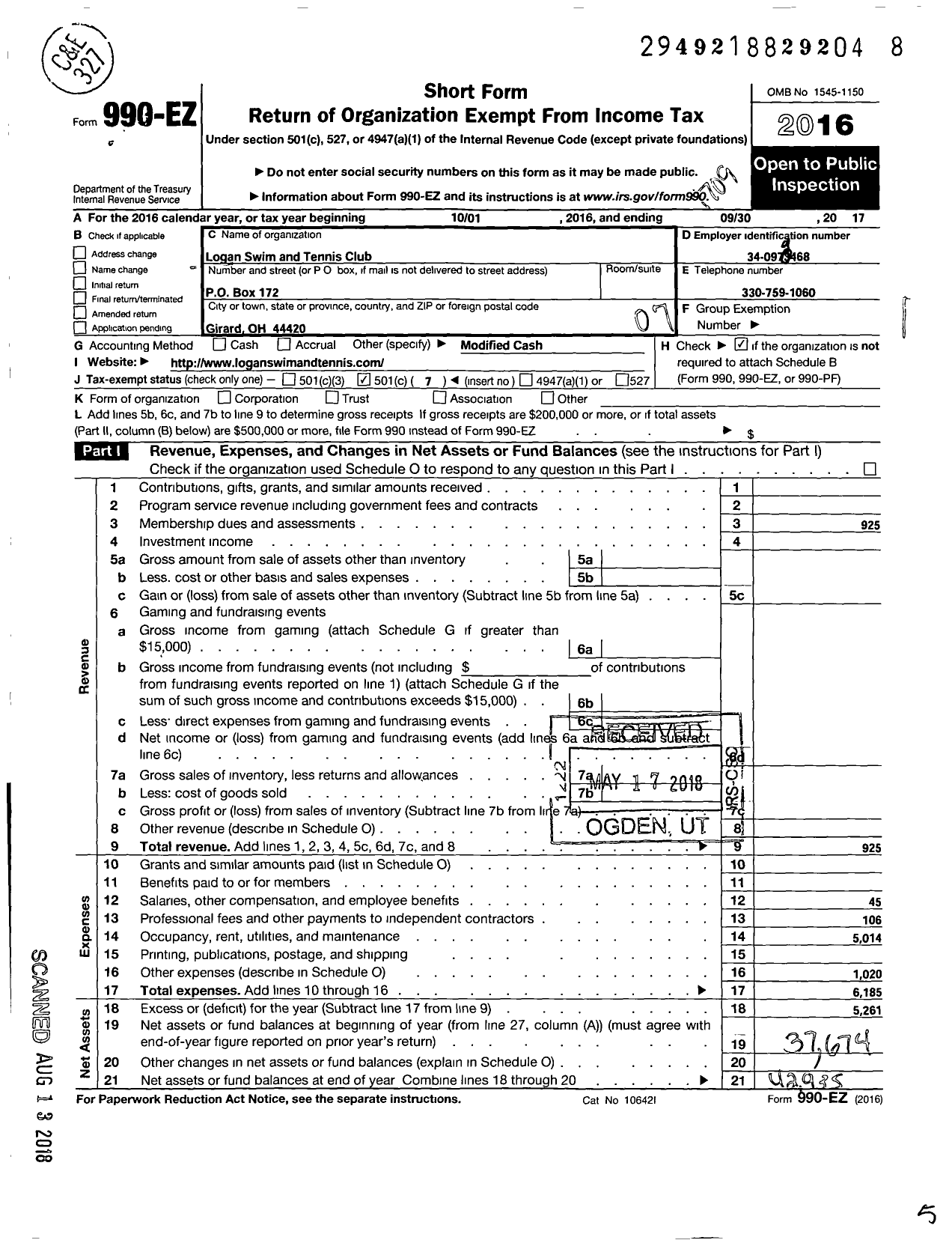 Image of first page of 2016 Form 990EO for Logan Swim and Tennis Club