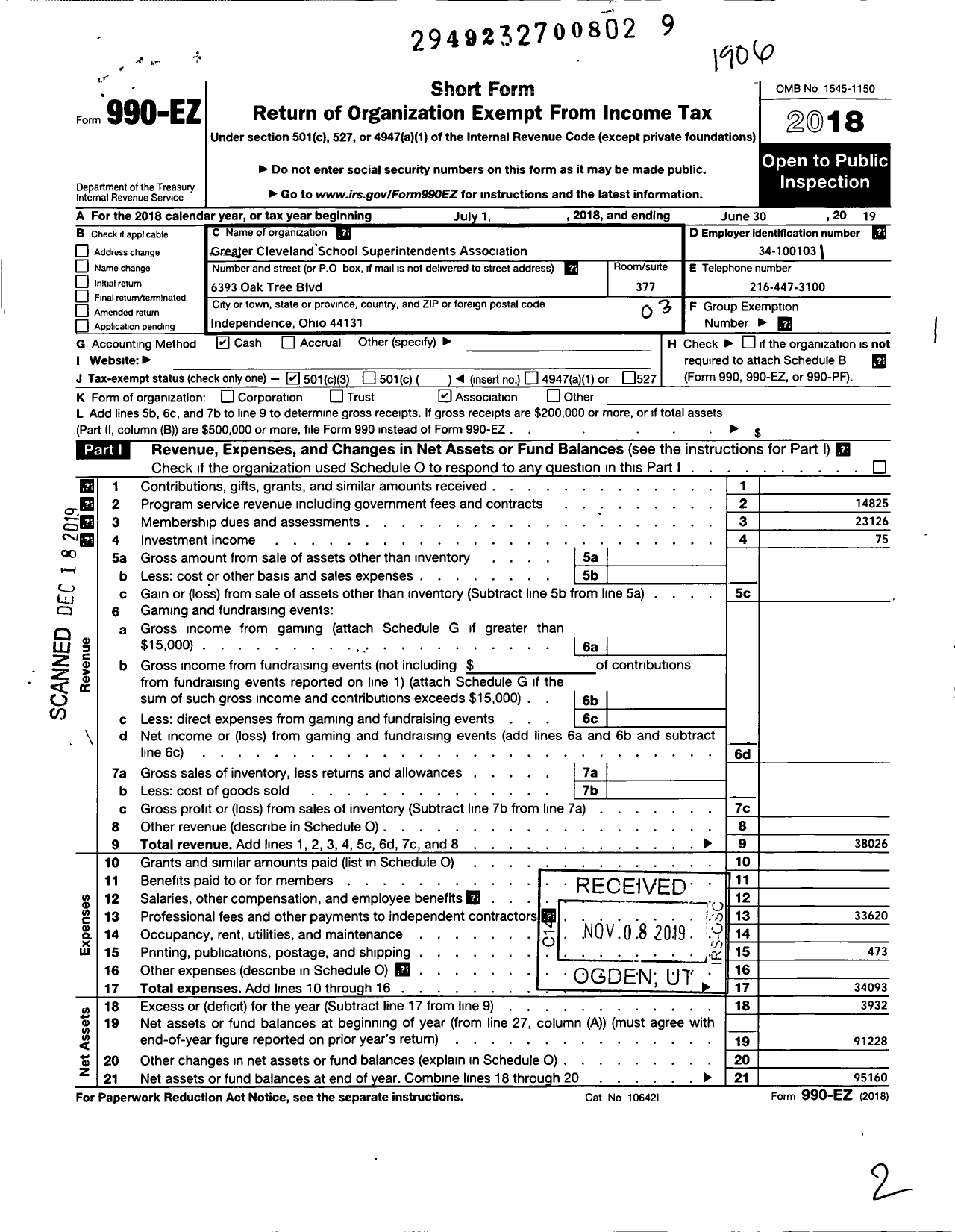 Image of first page of 2018 Form 990EZ for Greater Cleveland School Superintendents Association