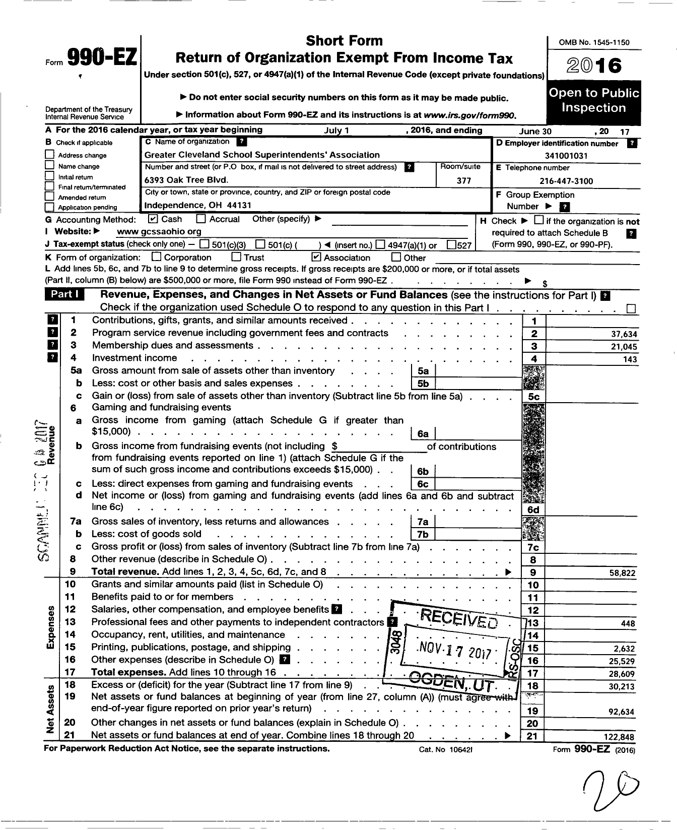 Image of first page of 2016 Form 990EO for Greater Cleveland School Superintendents Association