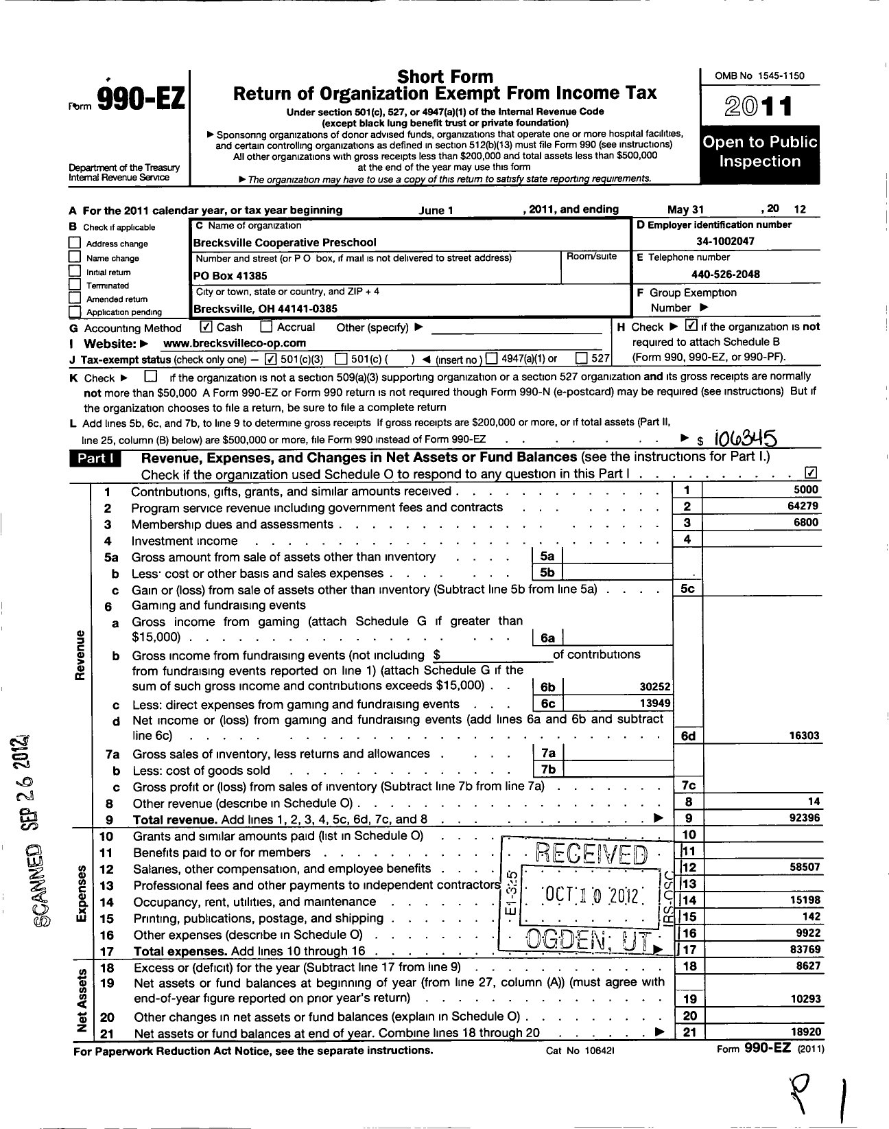 Image of first page of 2011 Form 990EZ for Brecksville Cooperative Preschool