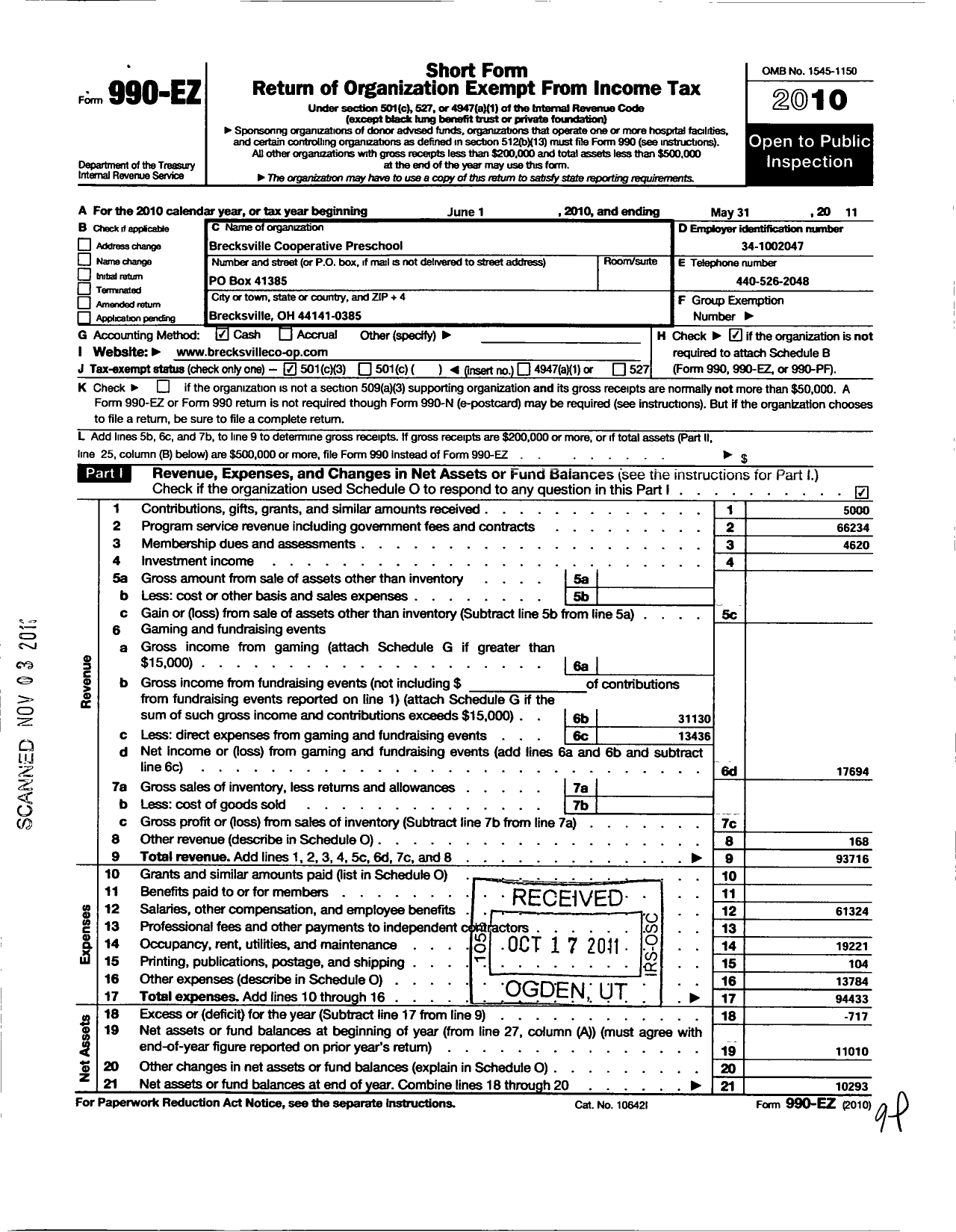 Image of first page of 2010 Form 990EZ for Brecksville Cooperative Preschool