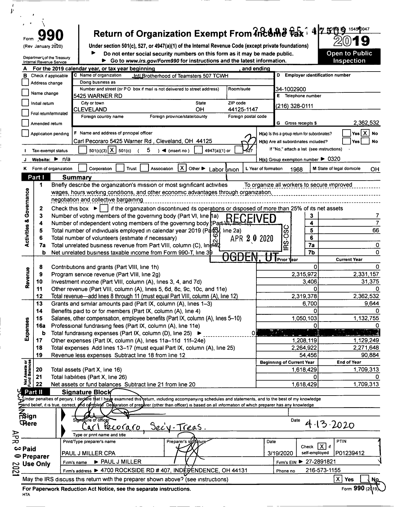 Image of first page of 2019 Form 990 for Teamsters - 507 TCWH