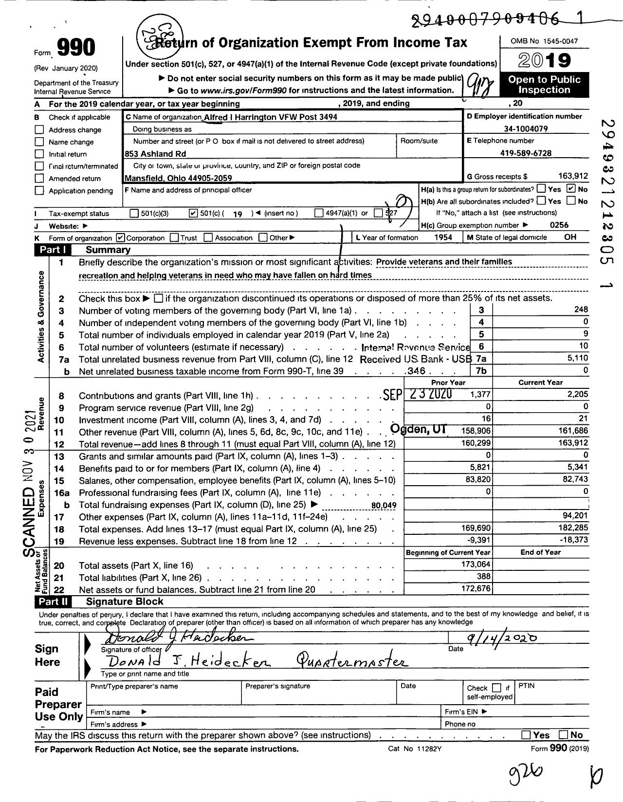 Image of first page of 2019 Form 990O for Ohio VFW - Alfred I Harrington VFW Post 3494