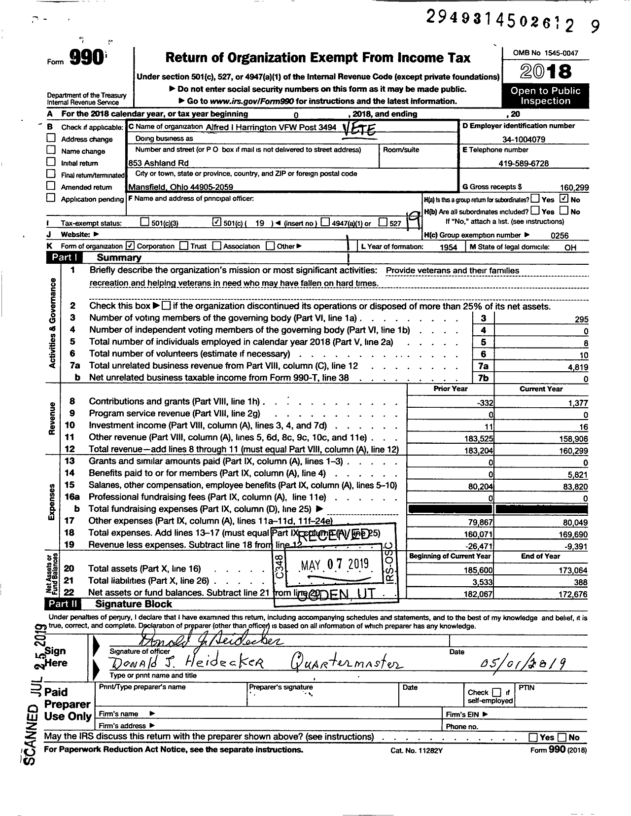 Image of first page of 2018 Form 990O for Ohio VFW - Alfred I Harrington VFW Post 3494