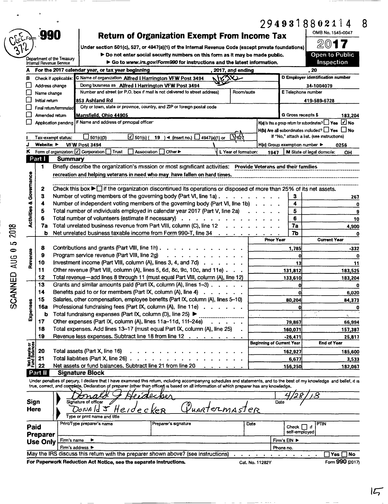 Image of first page of 2017 Form 990O for Ohio VFW - Alfred I Harrington VFW Post 3494