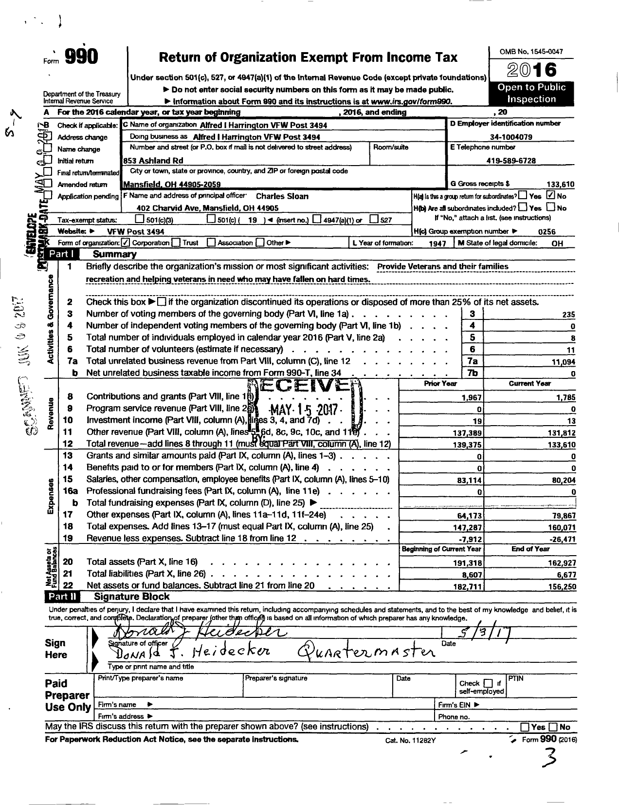 Image of first page of 2016 Form 990O for Ohio VFW - Alfred I Harrington VFW Post 3494