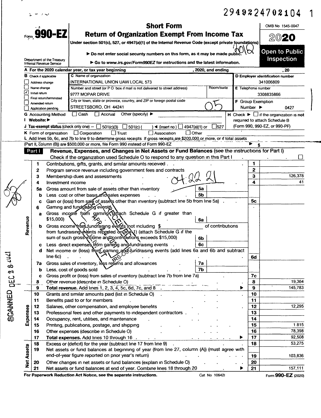 Image of first page of 2020 Form 990EO for Uaw - International Union Uaw Local 573