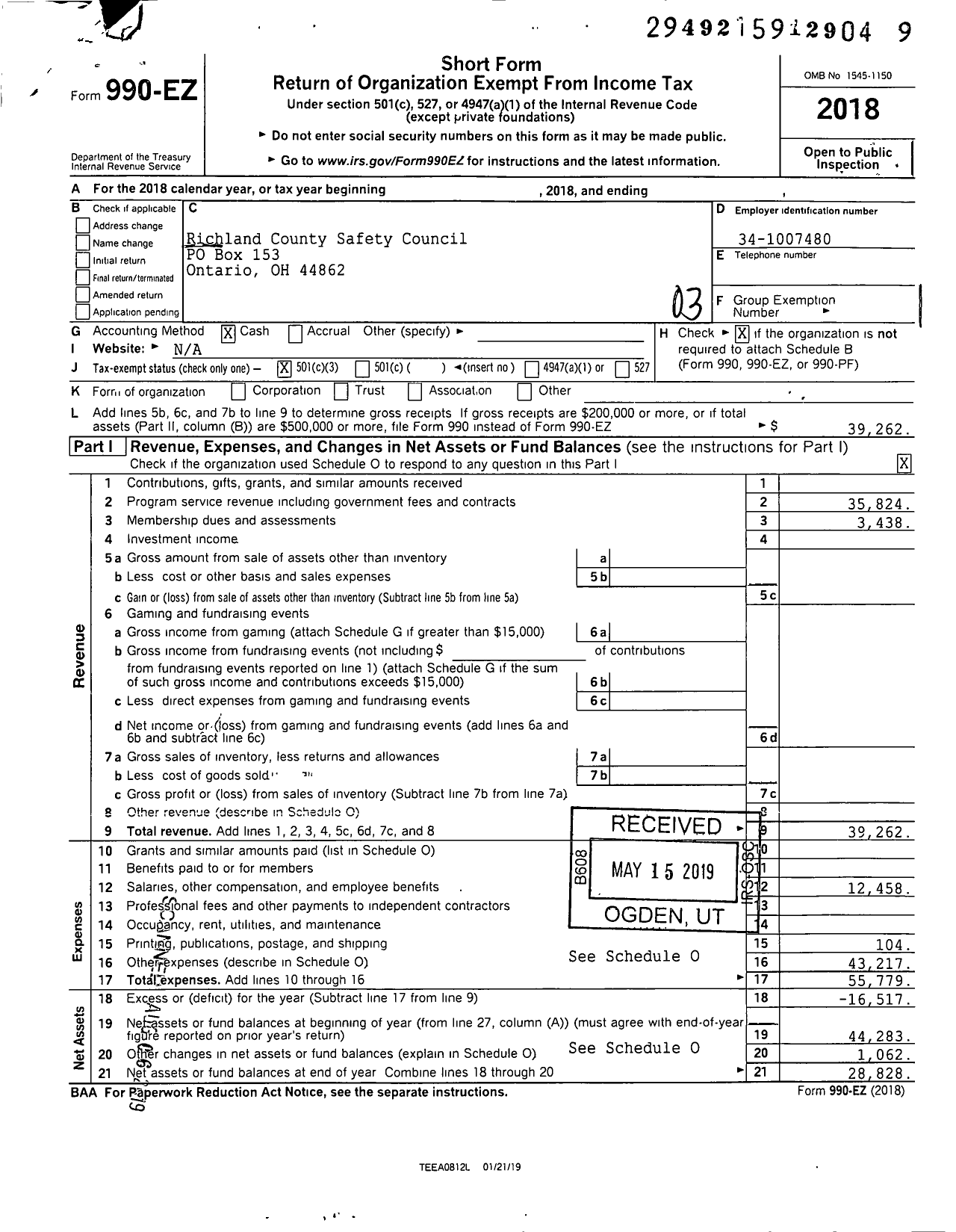 Image of first page of 2018 Form 990EZ for Richland County Safety Council