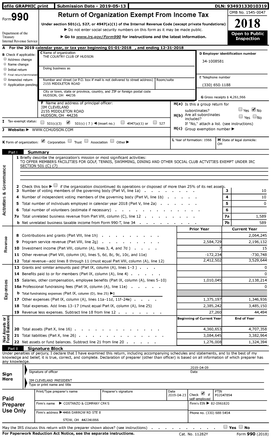 Image of first page of 2018 Form 990 for The Country Club of Hudson
