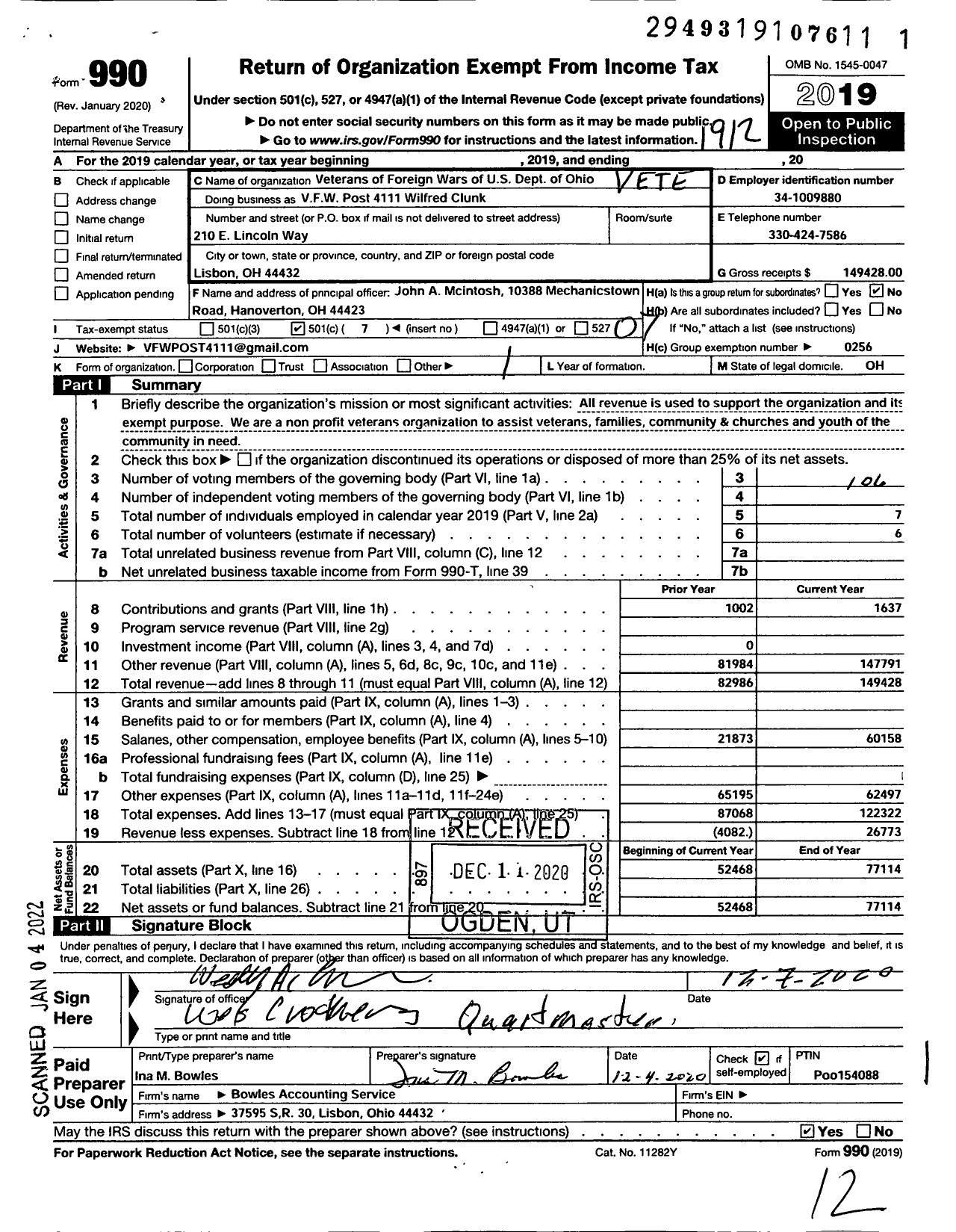 Image of first page of 2019 Form 990O for Ohio VFW - VFW Post 4111 Wilfred Clunk