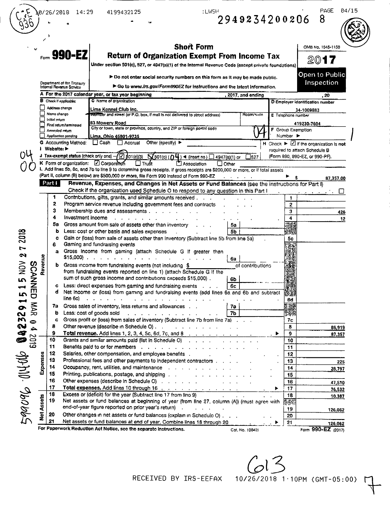 Image of first page of 2017 Form 990EO for Lima Kennel Club Incorporated