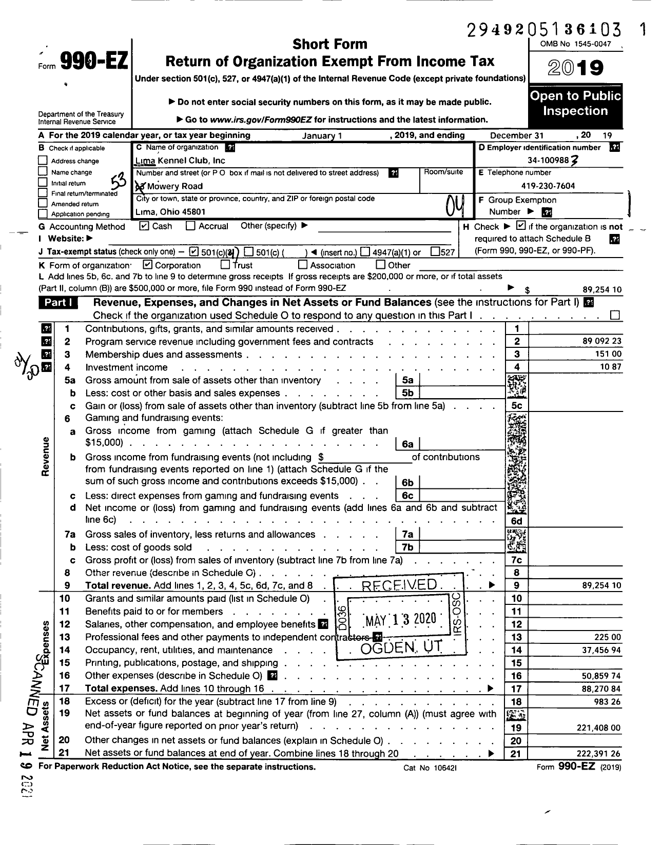 Image of first page of 2019 Form 990EO for Lima Kennel Club Incorporated