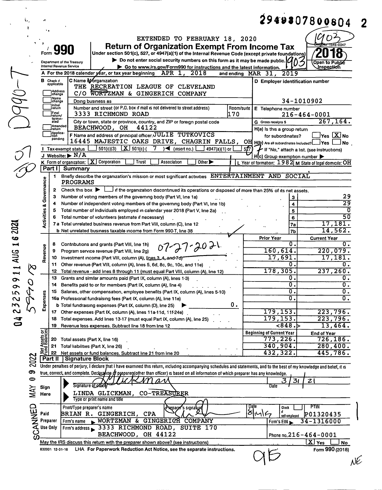 Image of first page of 2018 Form 990O for The Recreation League of Cleveland