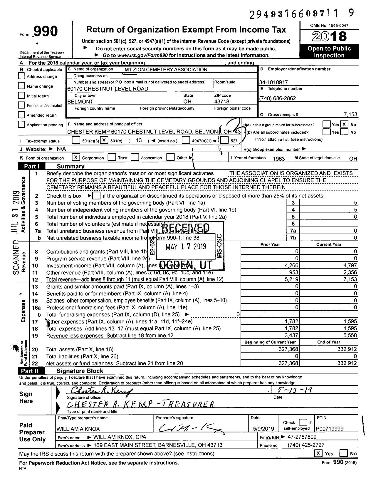 Image of first page of 2018 Form 990O for MT Zion Cemetery Association