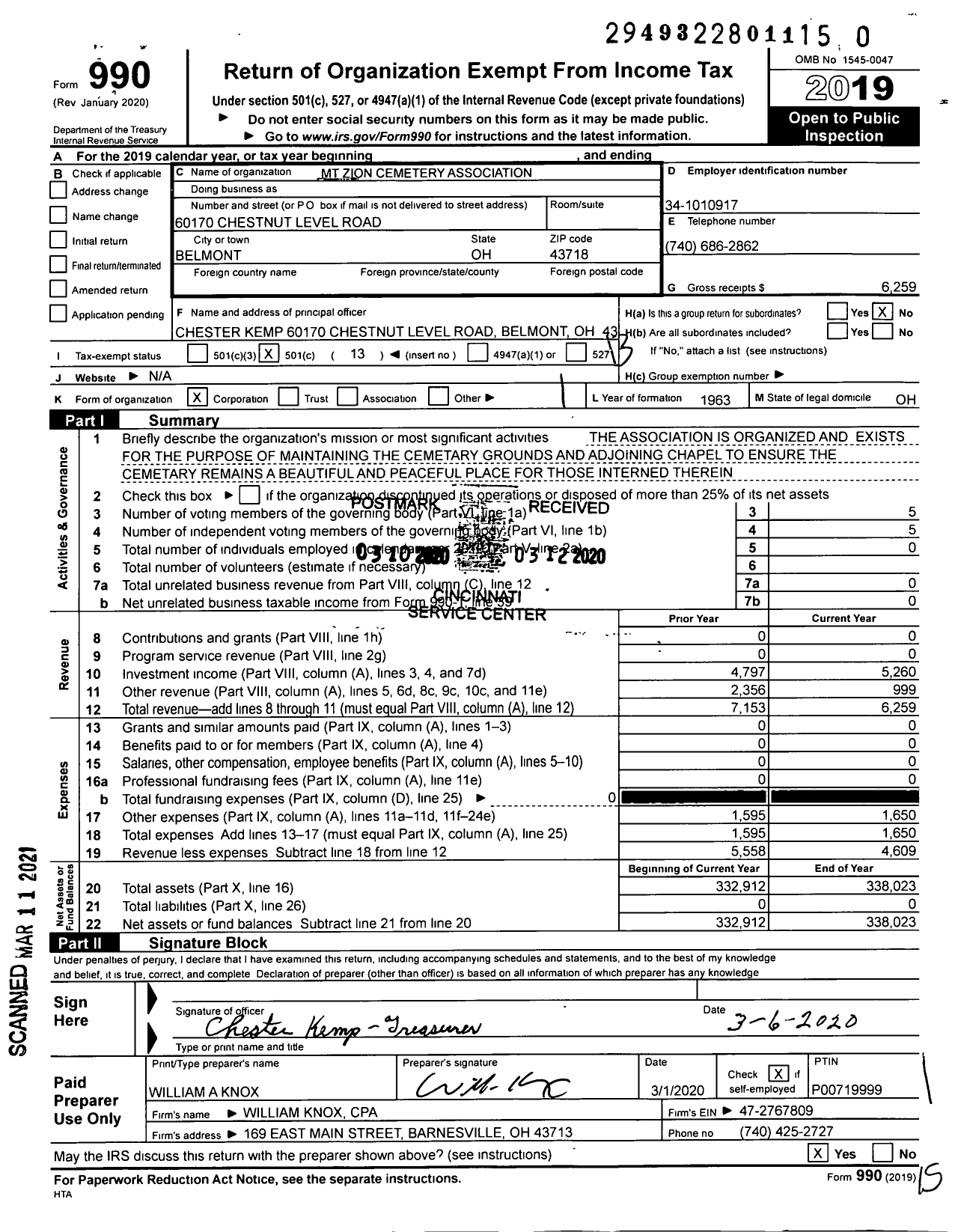 Image of first page of 2019 Form 990O for MT Zion Cemetery Association