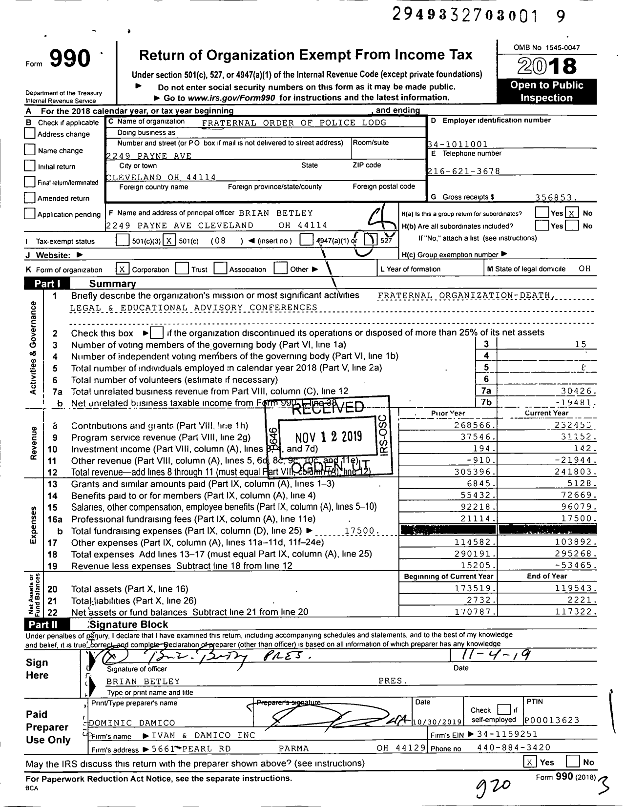 Image of first page of 2018 Form 990O for Fraternal Order of Police - 8 Cleveland Lodge