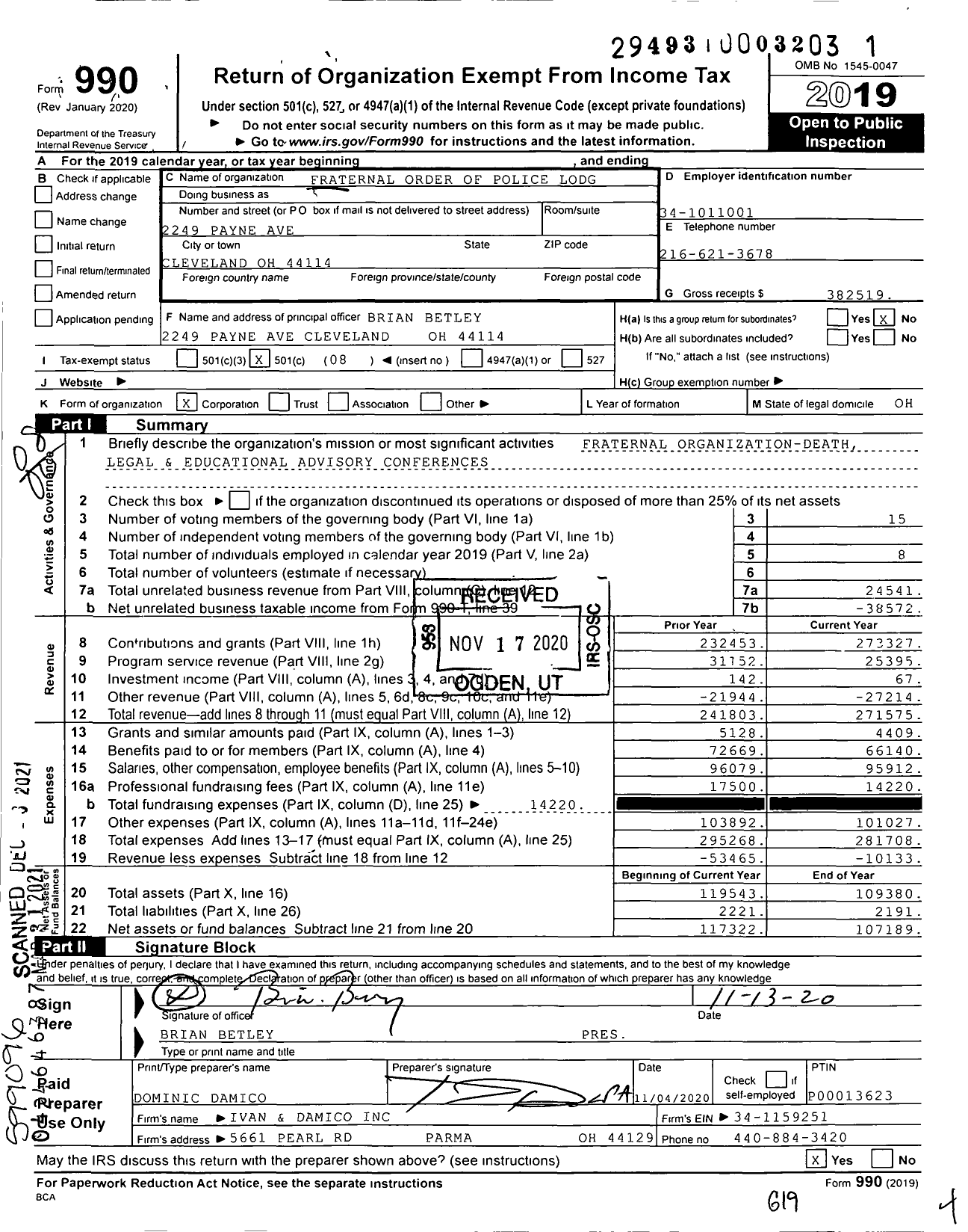 Image of first page of 2019 Form 990O for Fraternal Order of Police - 8 Cleveland Lodge