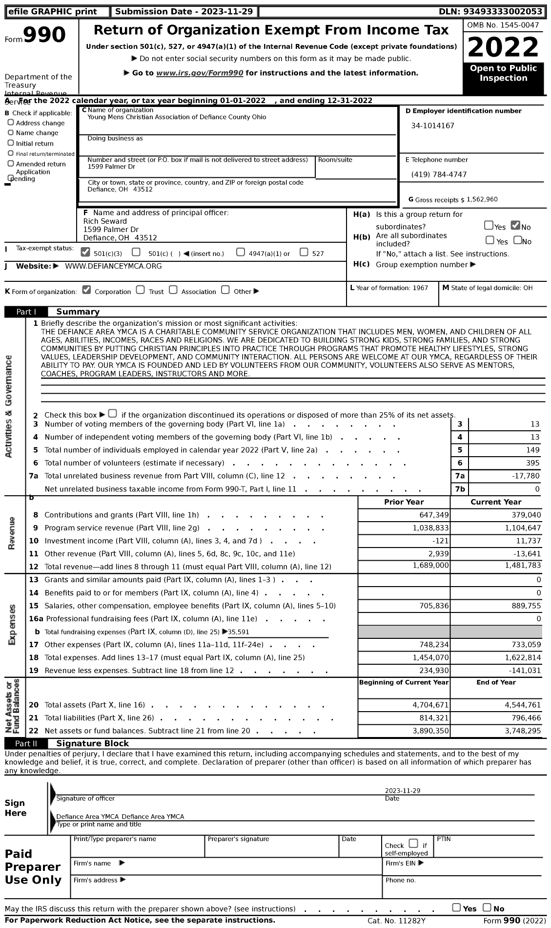 Image of first page of 2022 Form 990 for Young Mens Christian Association of Defiance County Ohio (YMCA)