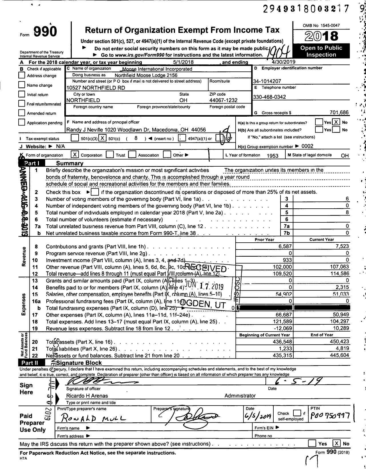 Image of first page of 2018 Form 990O for Loyal Order of Moose - 2156