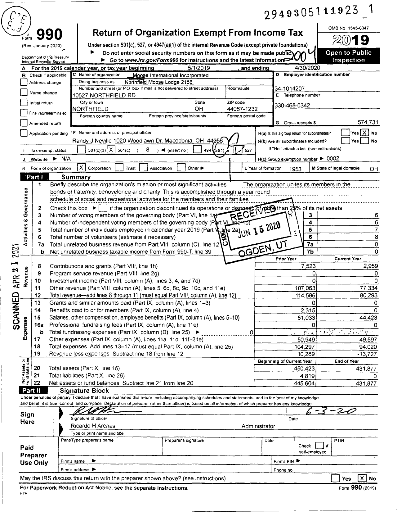 Image of first page of 2019 Form 990O for Loyal Order of Moose - 2156