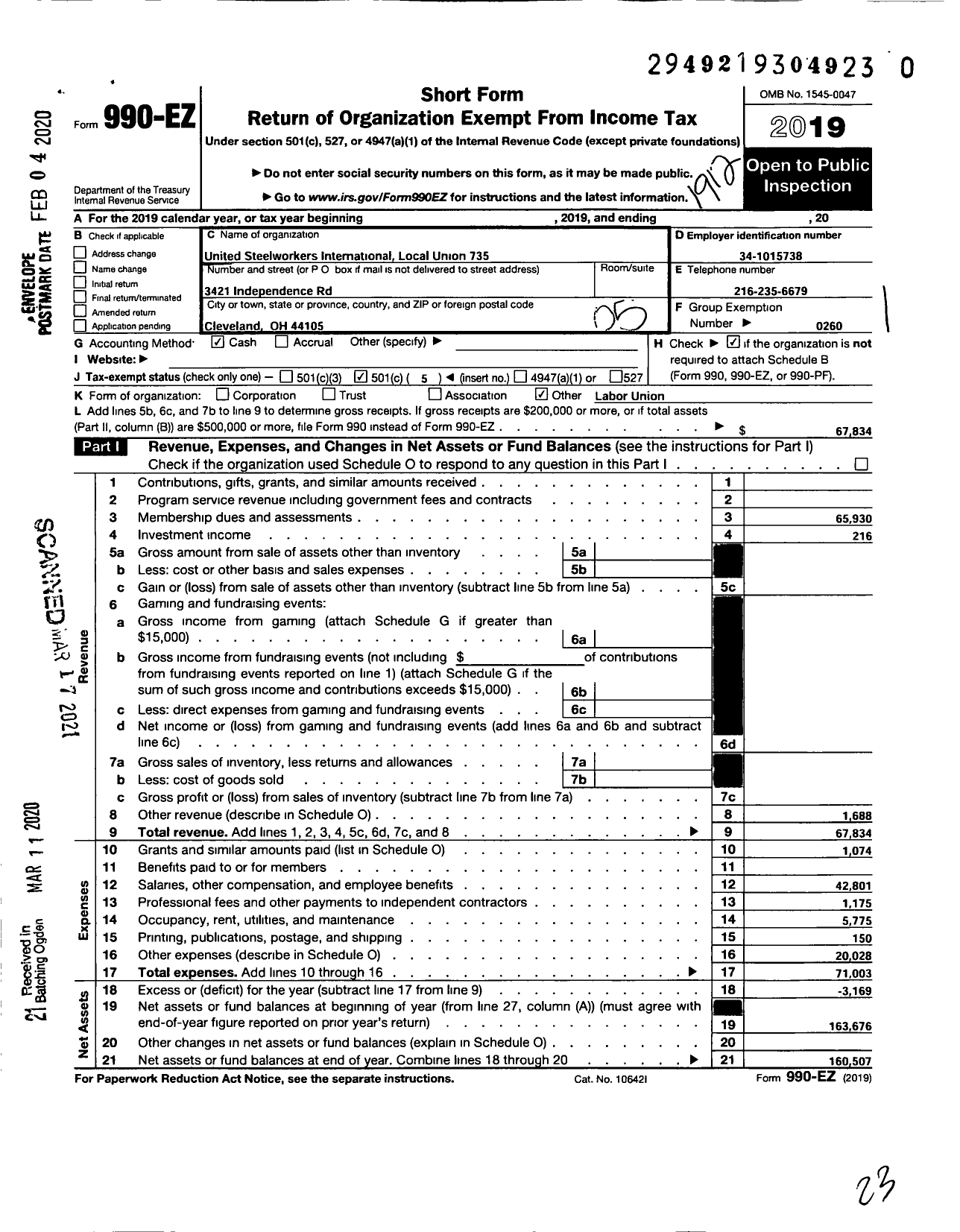 Image of first page of 2019 Form 990EO for United Steelworkers - 00735 Local