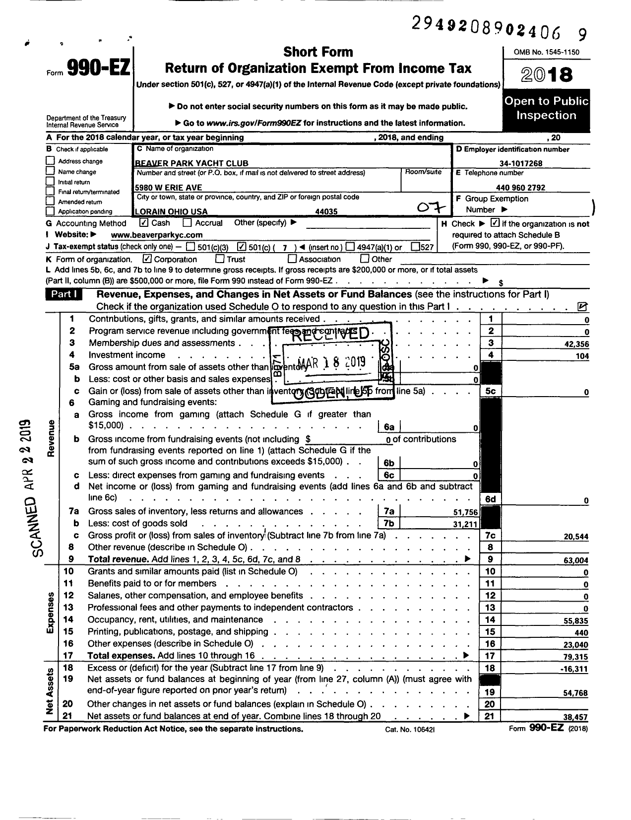 Image of first page of 2018 Form 990EO for Beaver Park Yacht Club