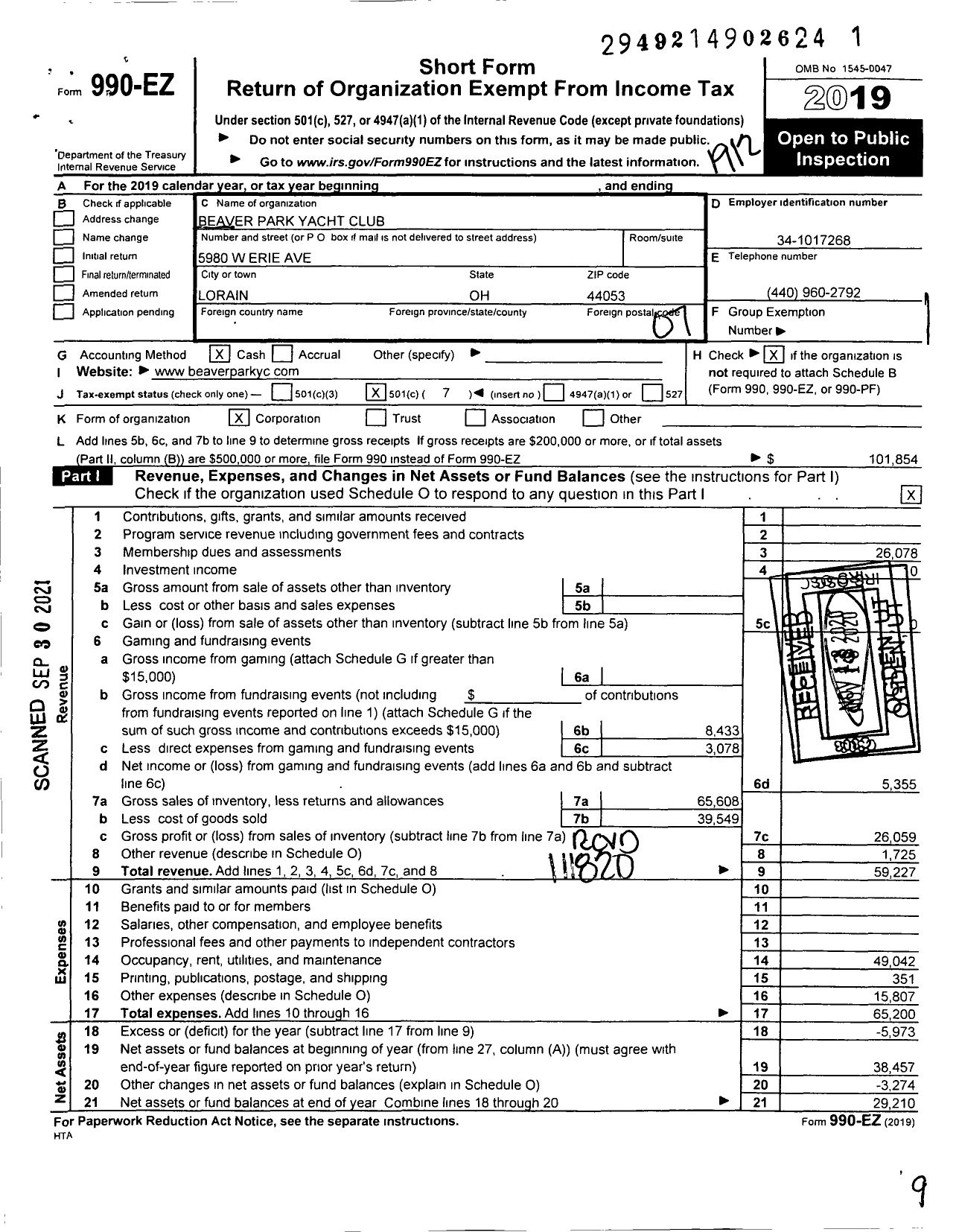 Image of first page of 2019 Form 990EO for Beaver Park Yacht Club