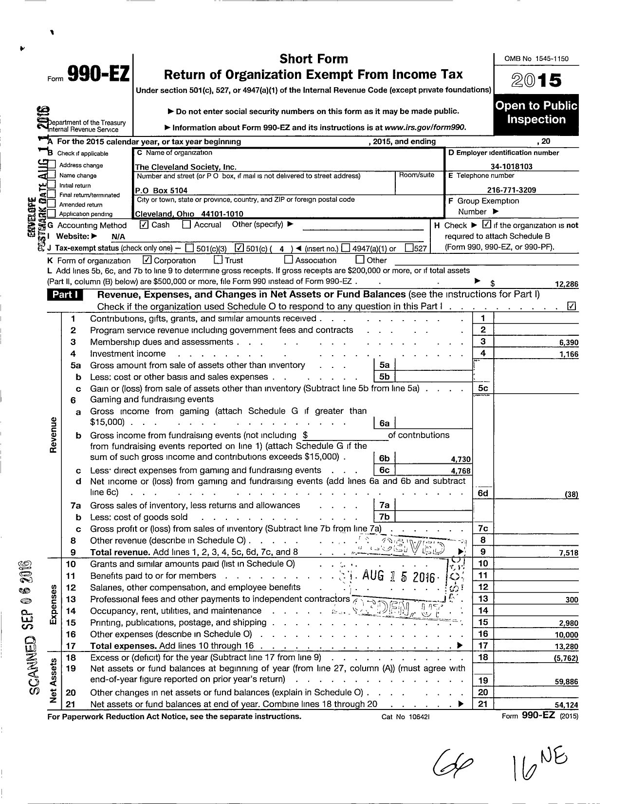 Image of first page of 2015 Form 990EO for Cleveland Society