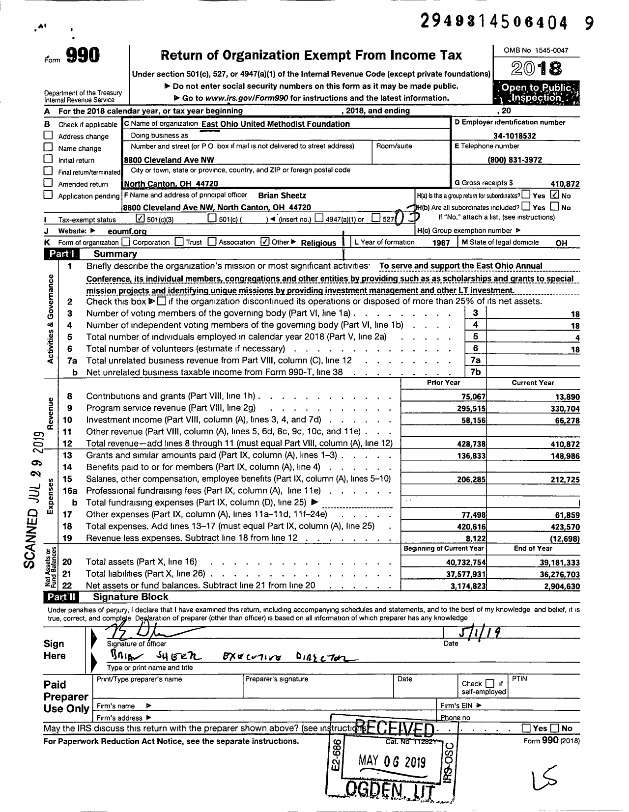 Image of first page of 2018 Form 990 for The Methodist Foundation of Ohio Incorporated