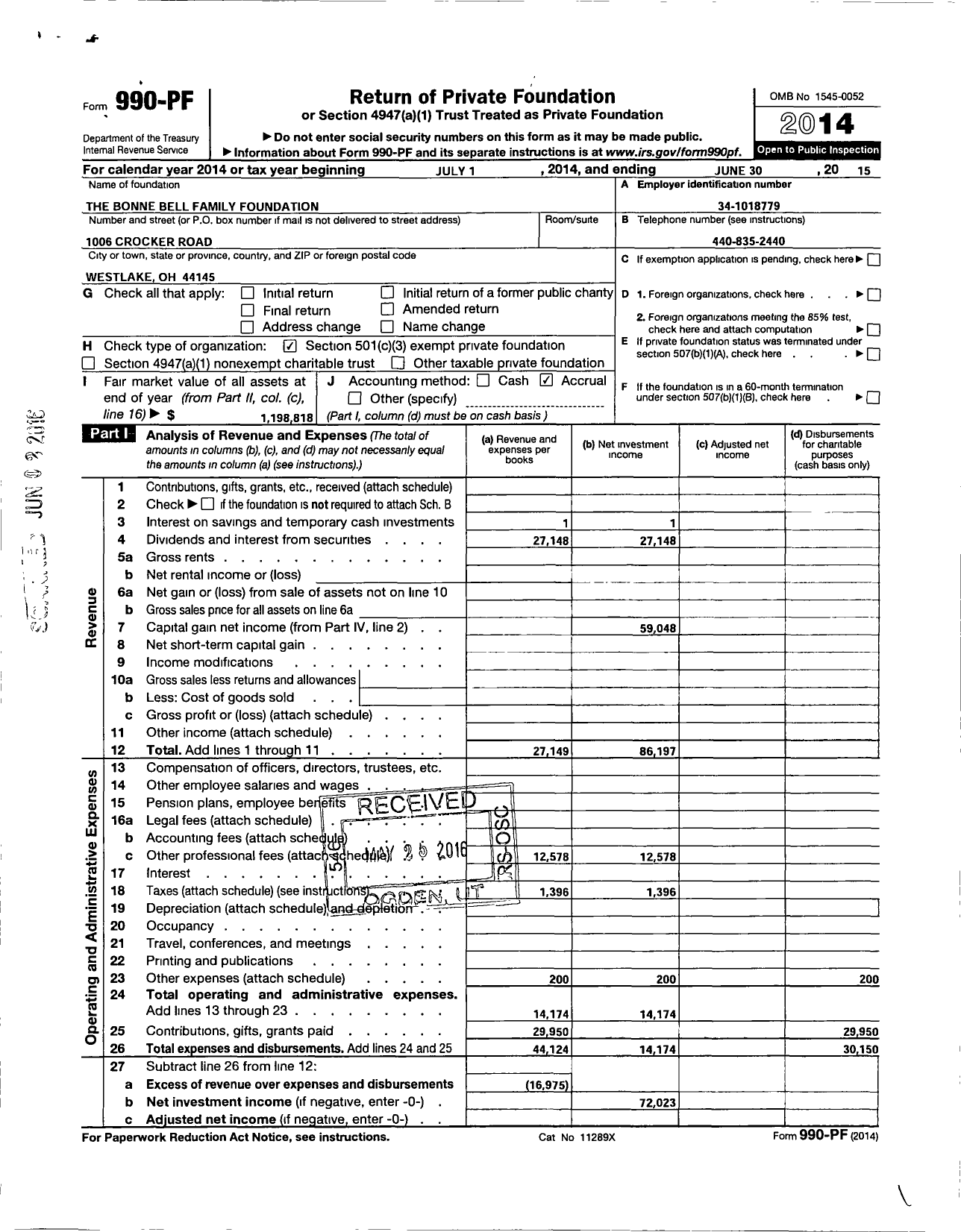 Image of first page of 5014 Form 990PF for The Bonne Bell Family Foundation