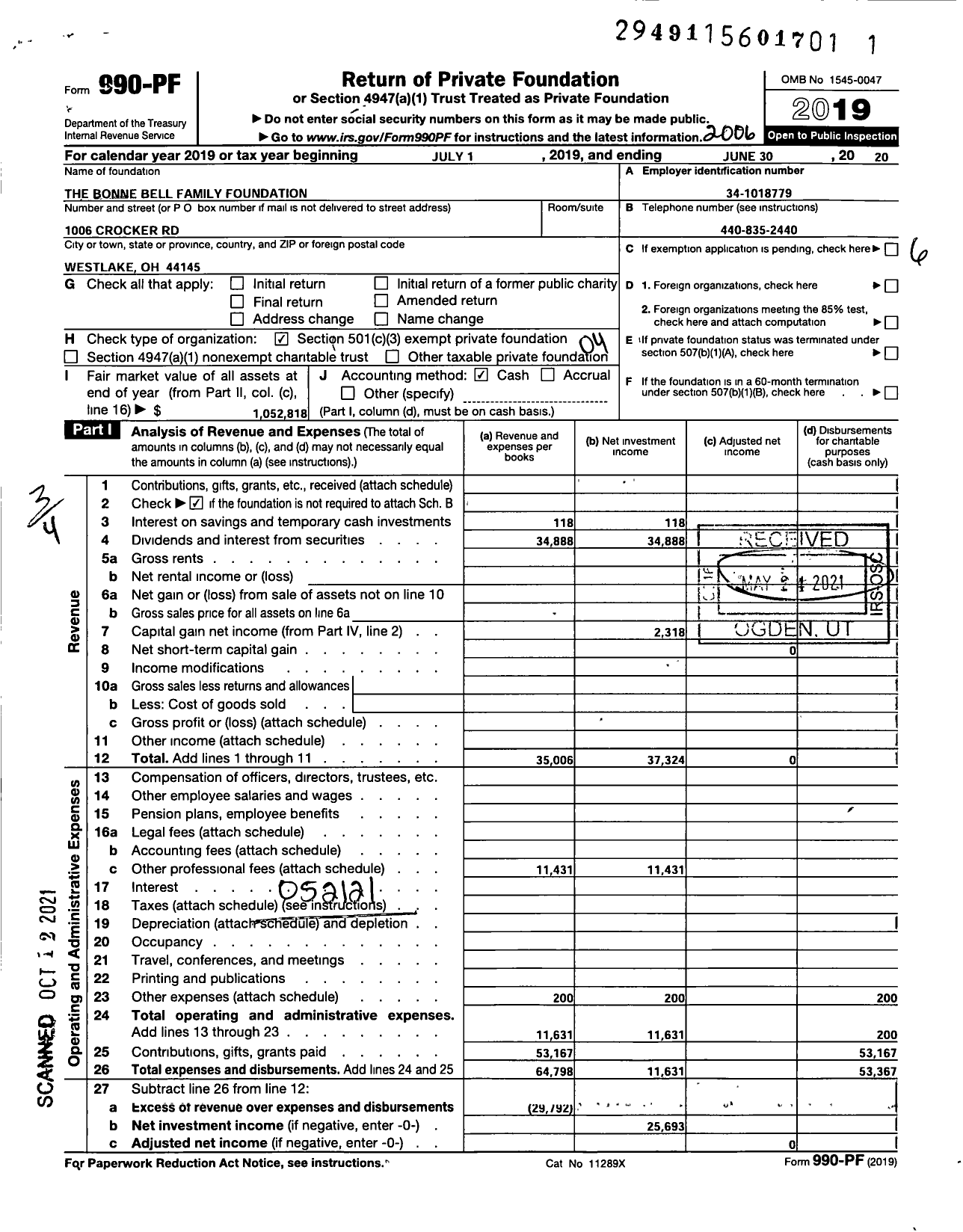 Image of first page of 2019 Form 990PF for The Bonne Bell Family Foundation