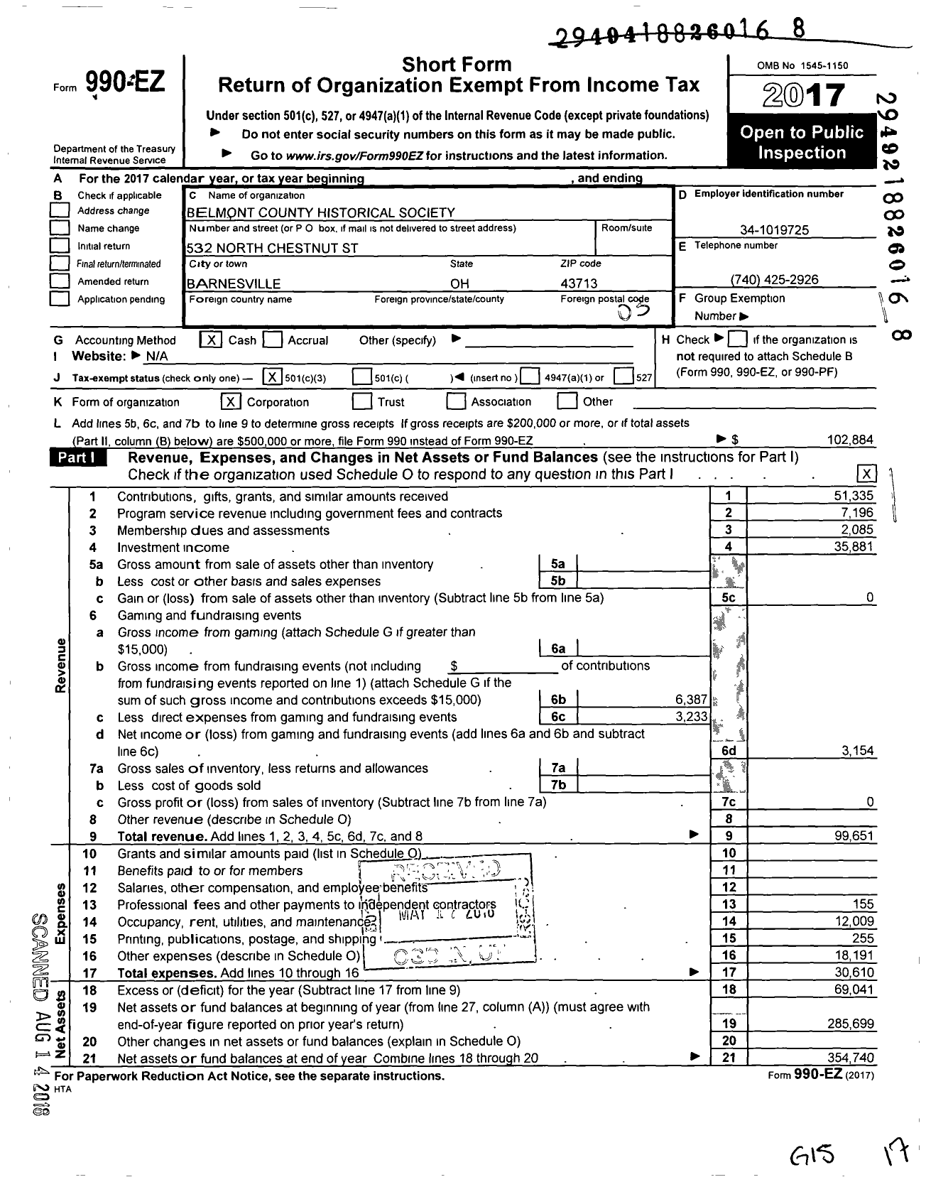 Image of first page of 2017 Form 990EZ for Belmont County Historical Society