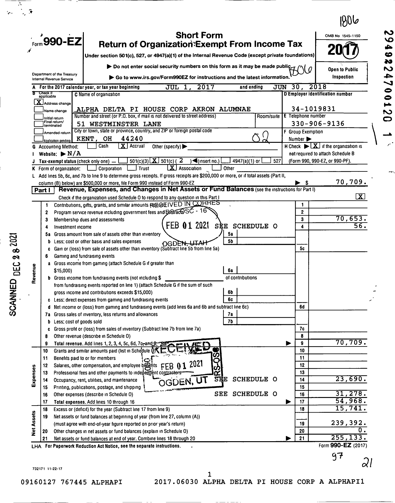 Image of first page of 2017 Form 990EO for Alpha Delta Pi House Corp Akron Alumnae