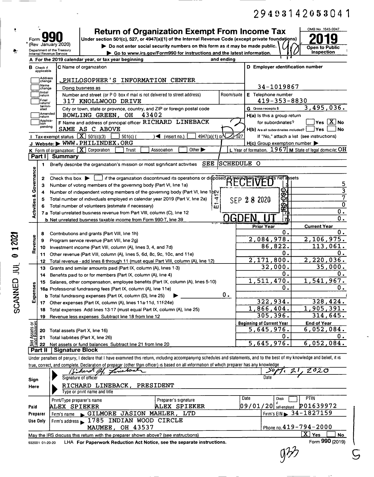 Image of first page of 2019 Form 990 for Philosopher's Information Center