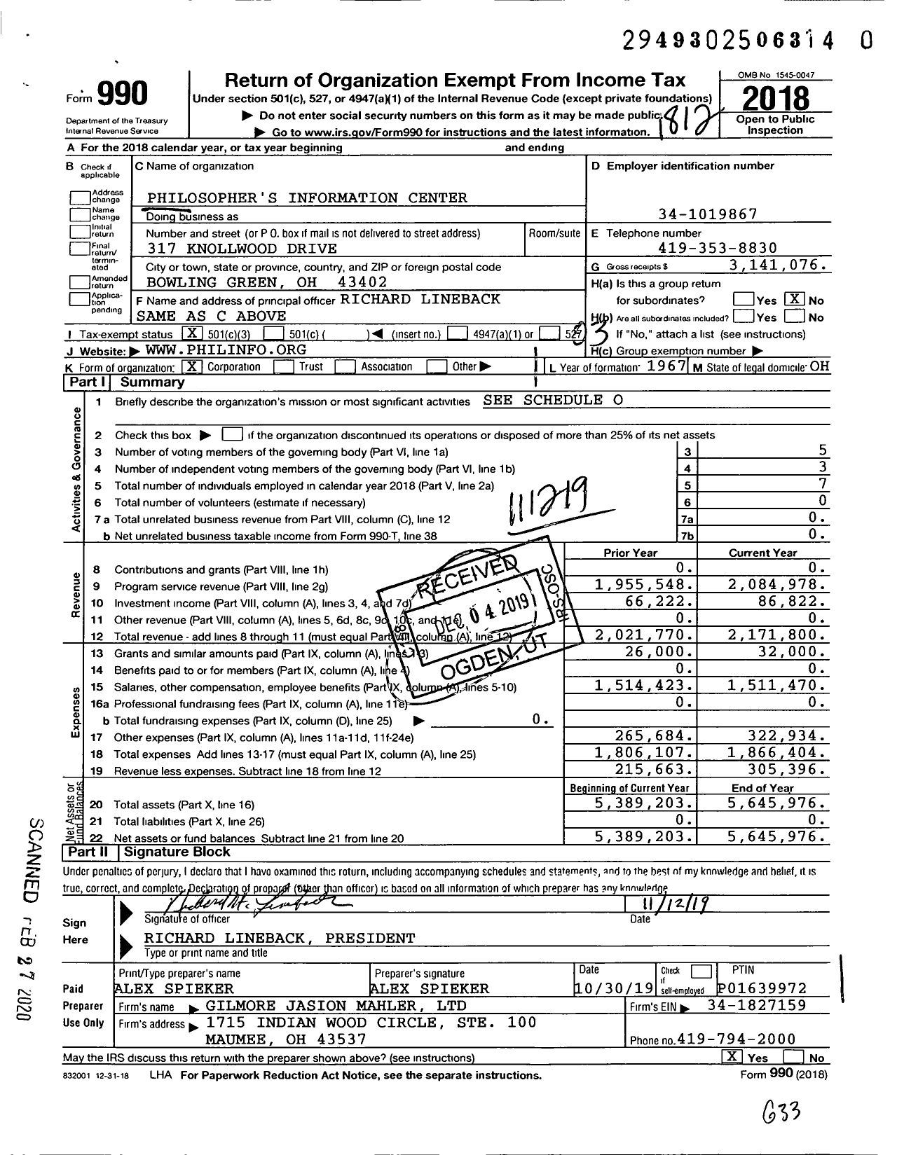 Image of first page of 2018 Form 990 for Philosopher's Information Center