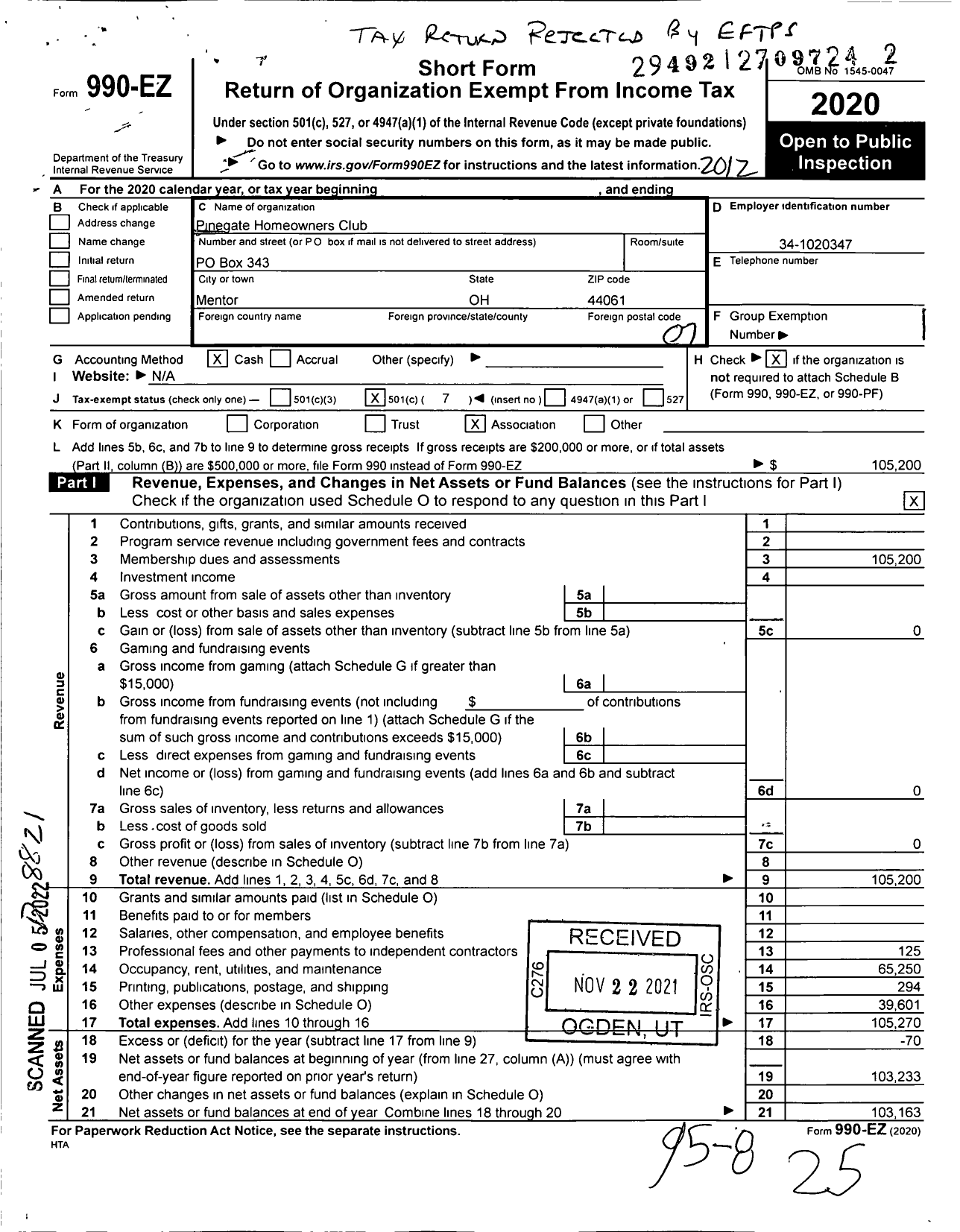 Image of first page of 2020 Form 990EO for Pinegate Homeowners Club