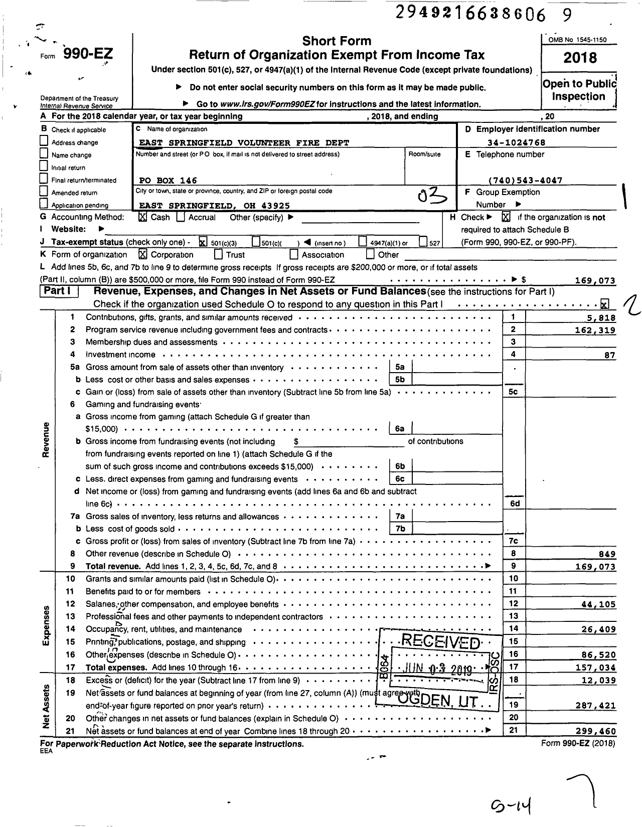 Image of first page of 2018 Form 990EZ for East Springfield Volunteer Fire Dept