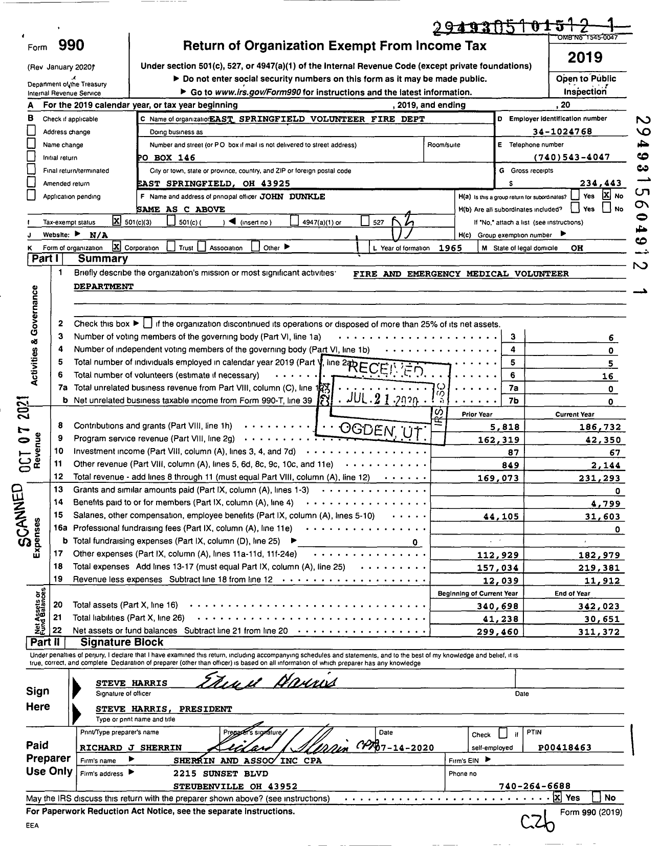 Image of first page of 2019 Form 990 for East Springfield Volunteer Fire Dept