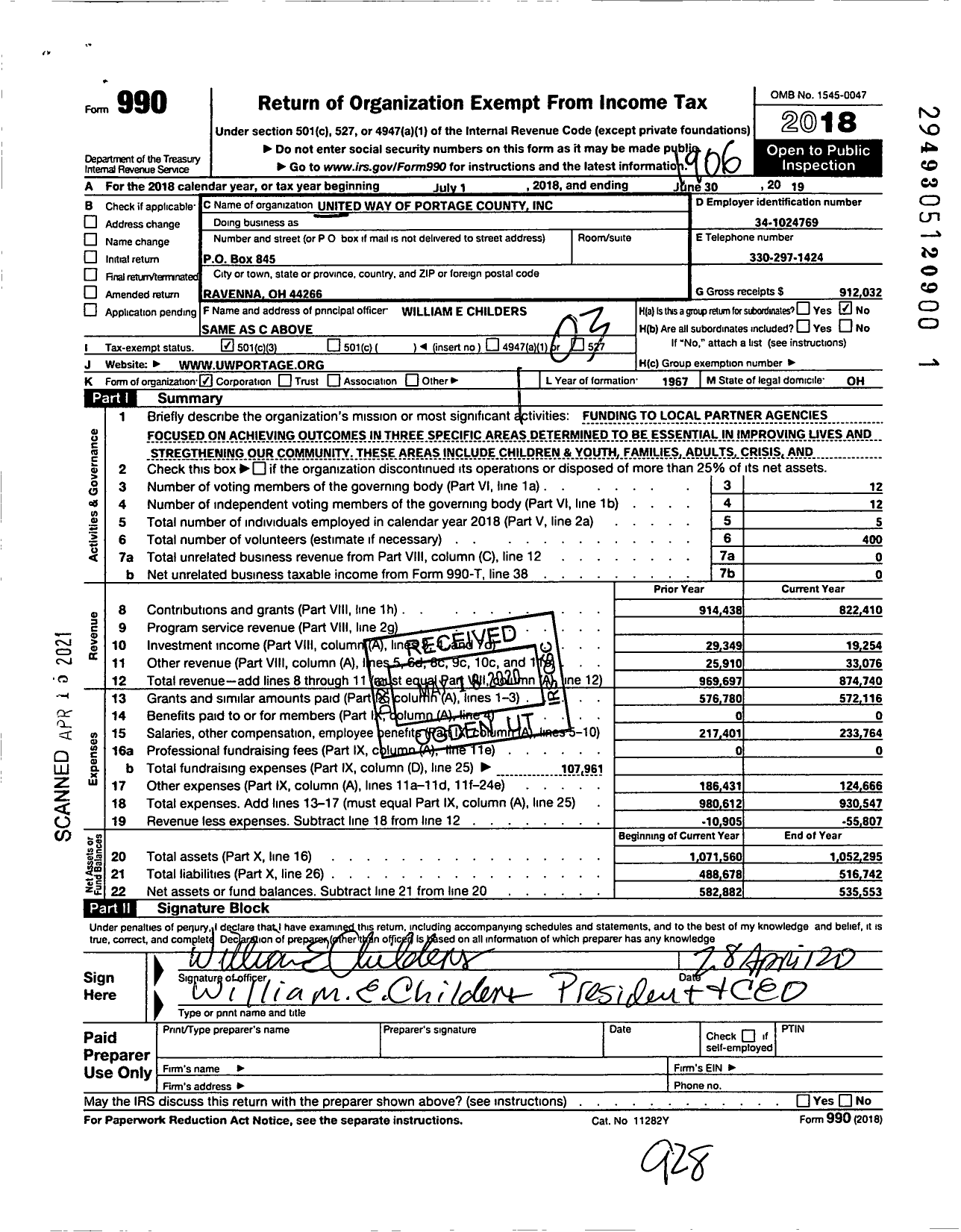 Image of first page of 2018 Form 990 for United Way of Portage County