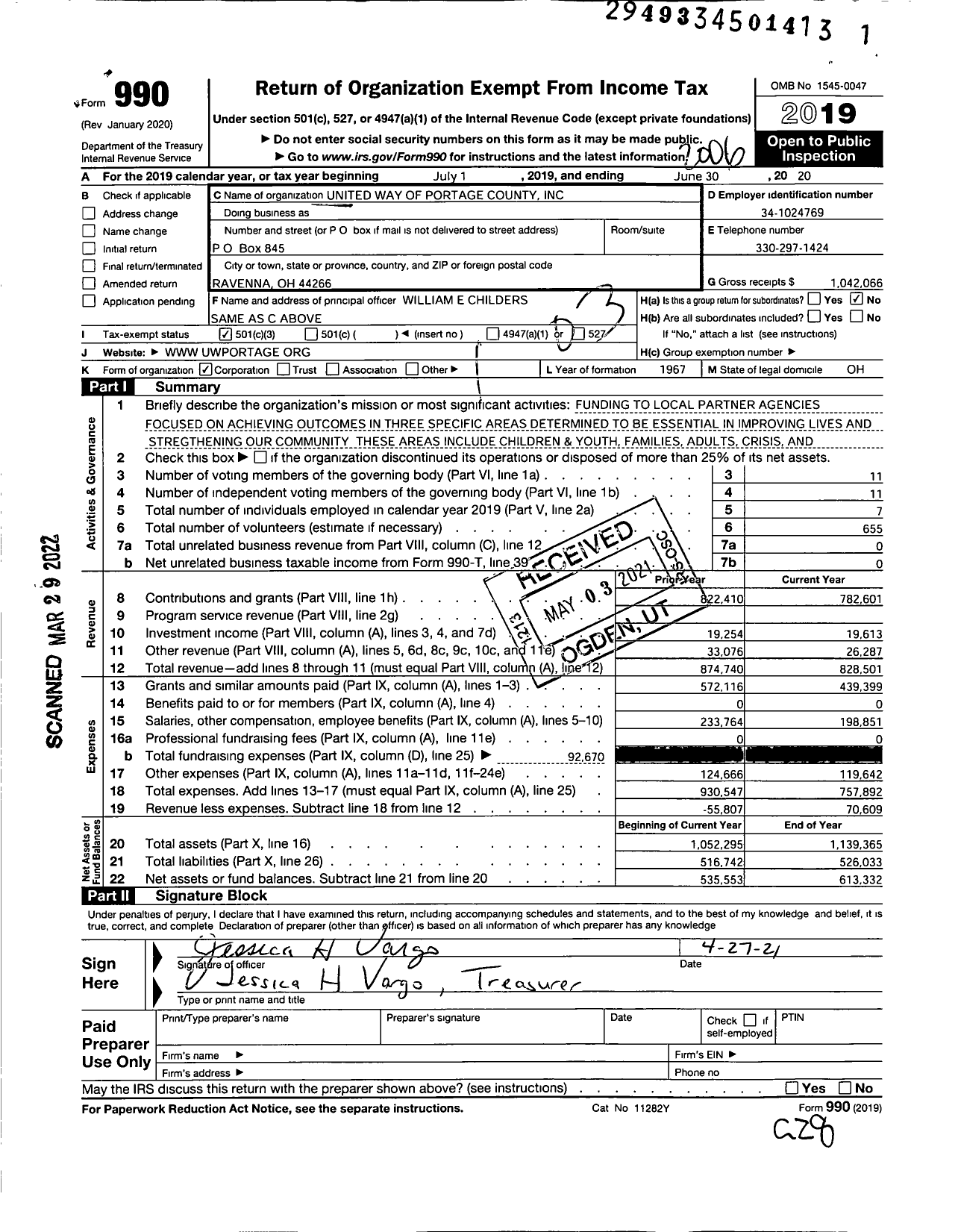 Image of first page of 2019 Form 990 for United Way of Portage County